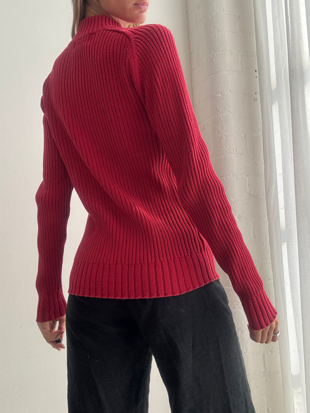 Vintage Y2K Red Ribbed Zip Up Cardigan - Size M
