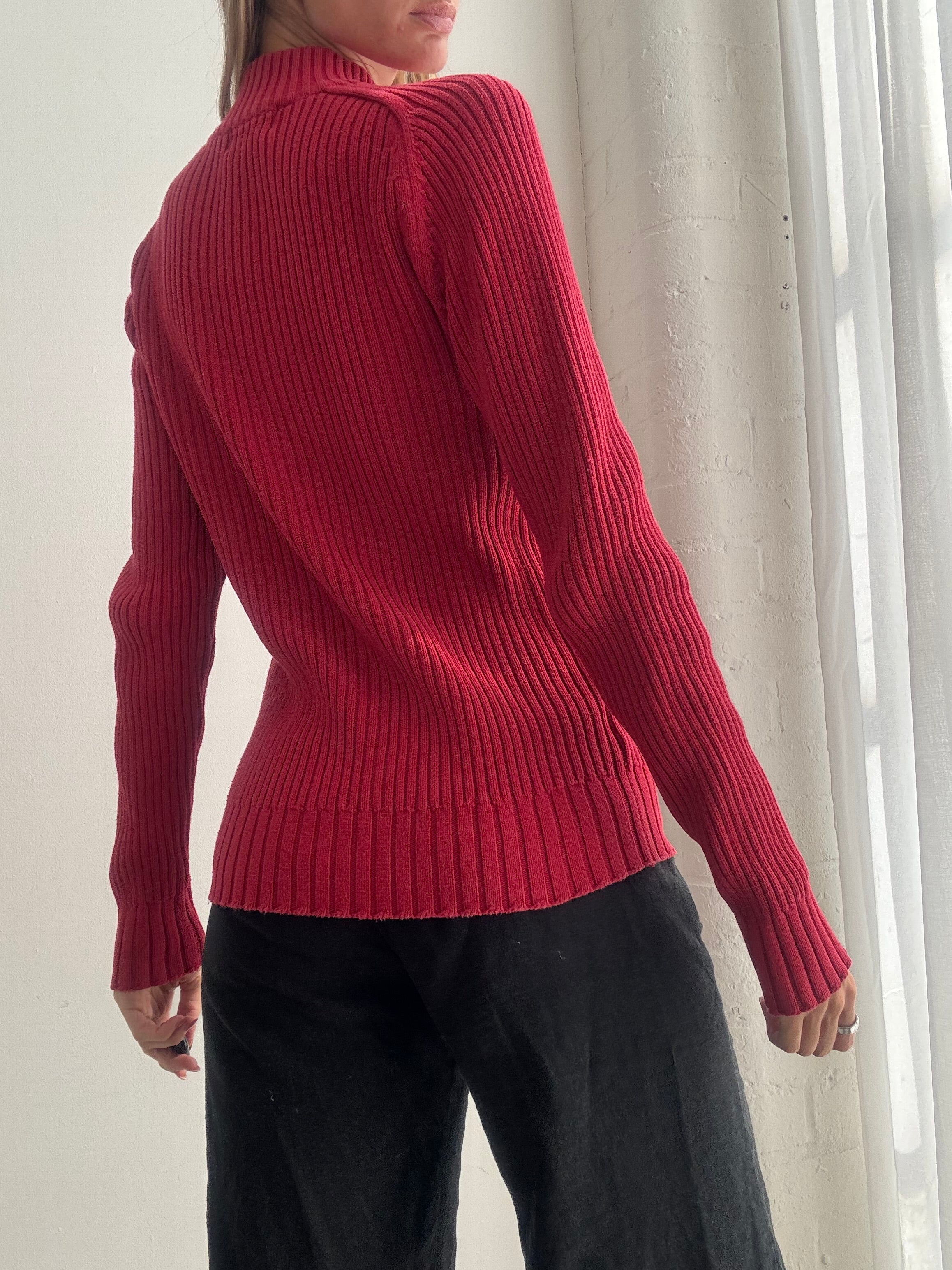 Vintage Y2K Red Ribbed Zip Up Cardigan - Size M