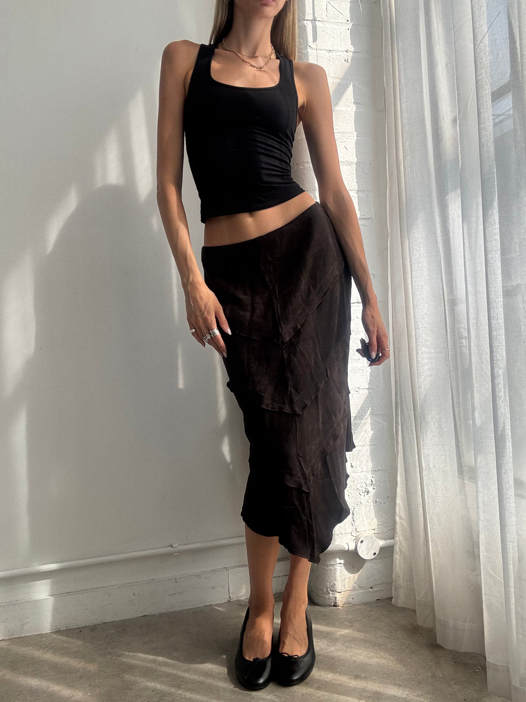Vintage Y2K Chocolate Brown Faux Suede Ruffle Asymmetric Midi Skirt - Size S
