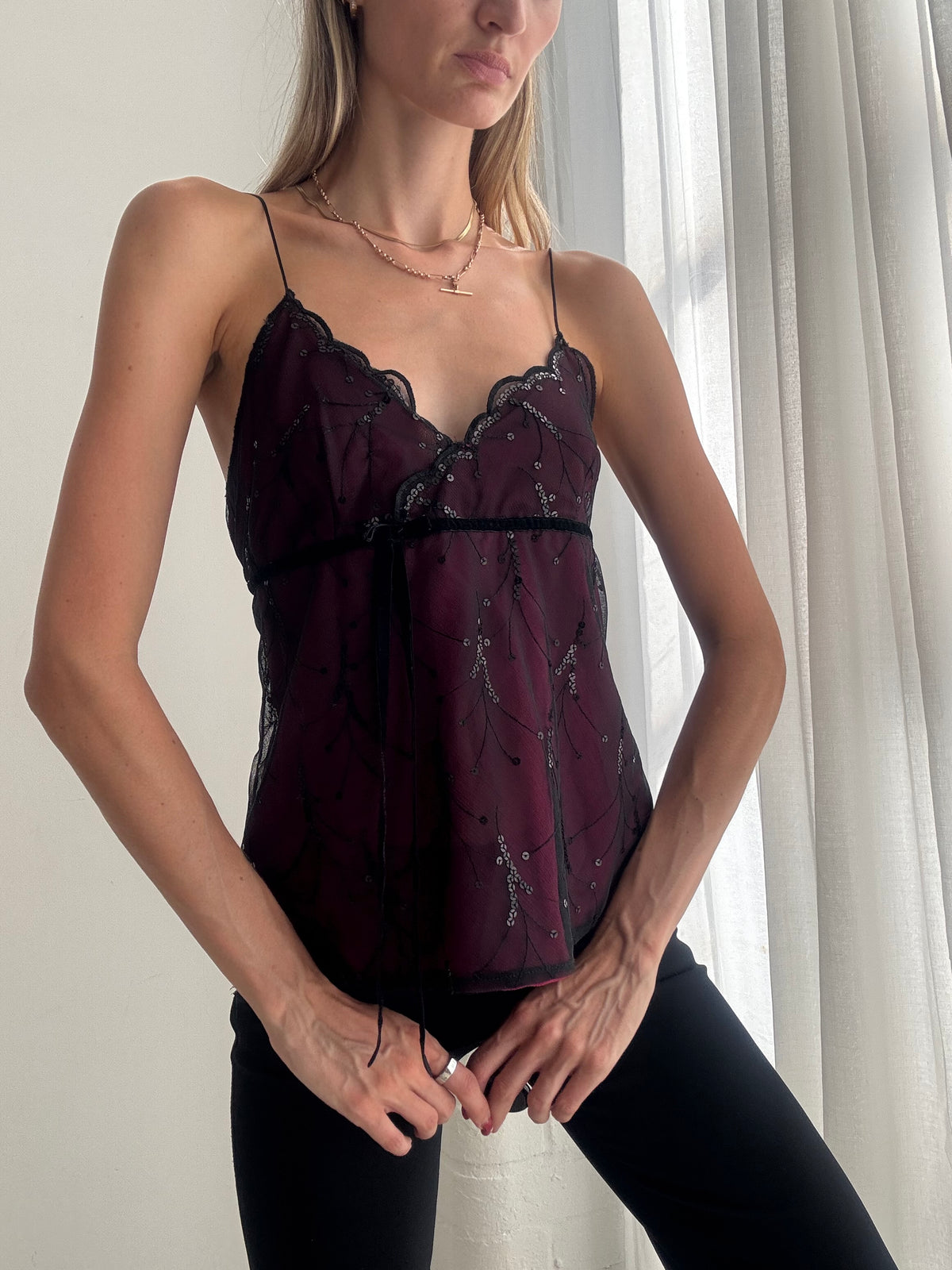 Vintage Y2K Burgundy Sheer Lace Sequin Cami Top - Size L