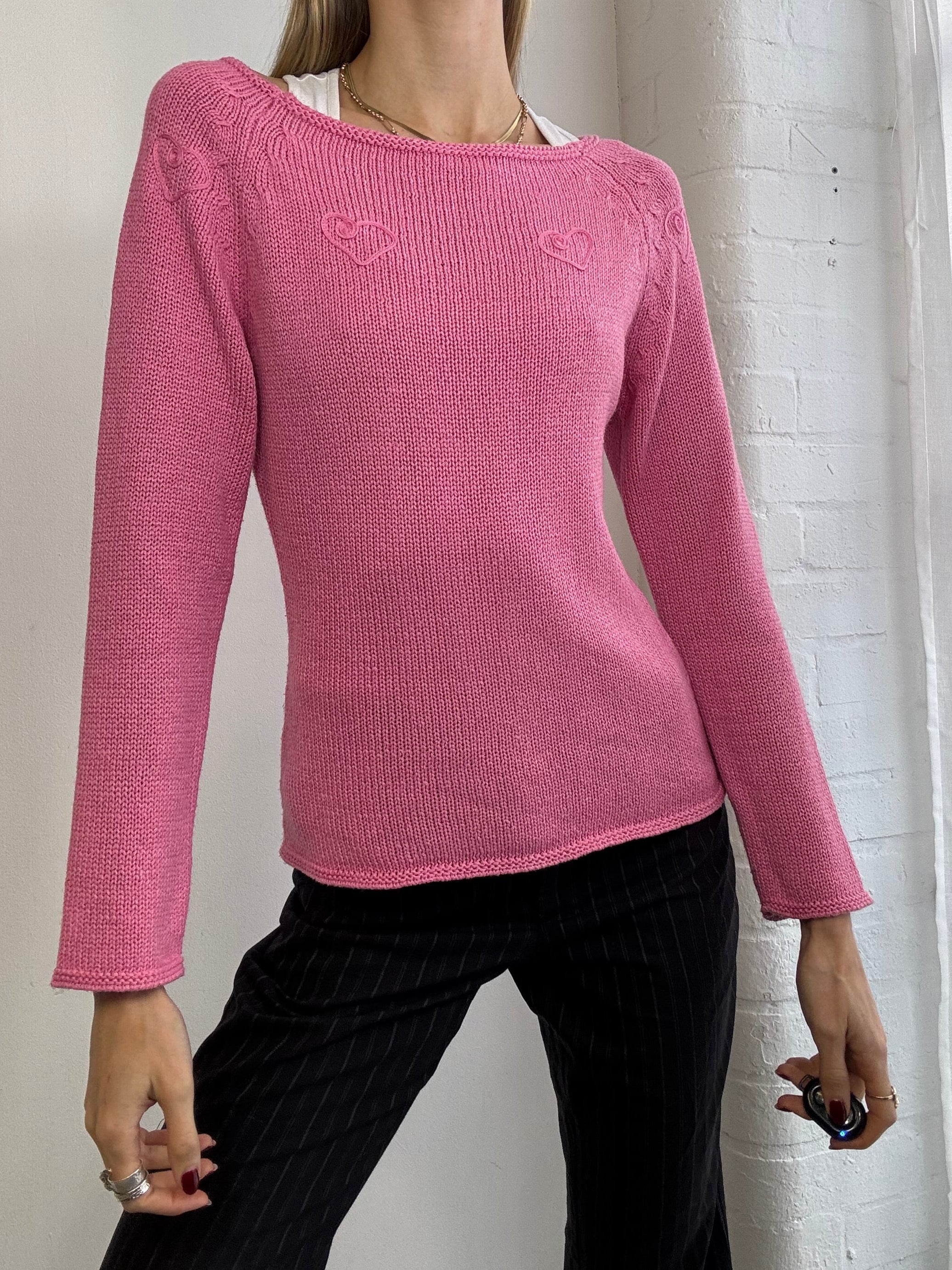 Vintage Y2K embroidered love heart knitted jumper pink