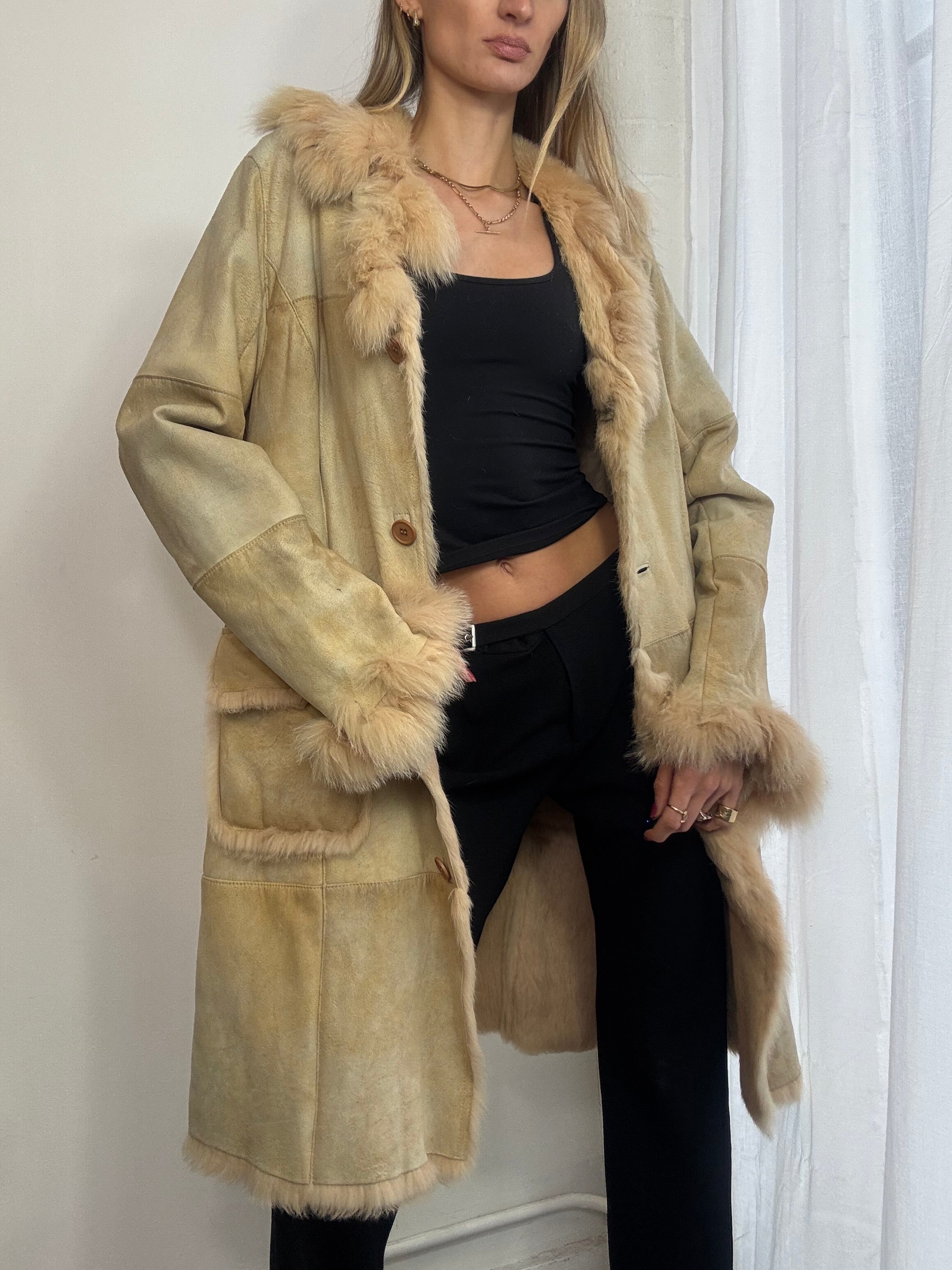Vintage Y2K cream genuine suede long coat real fur trim