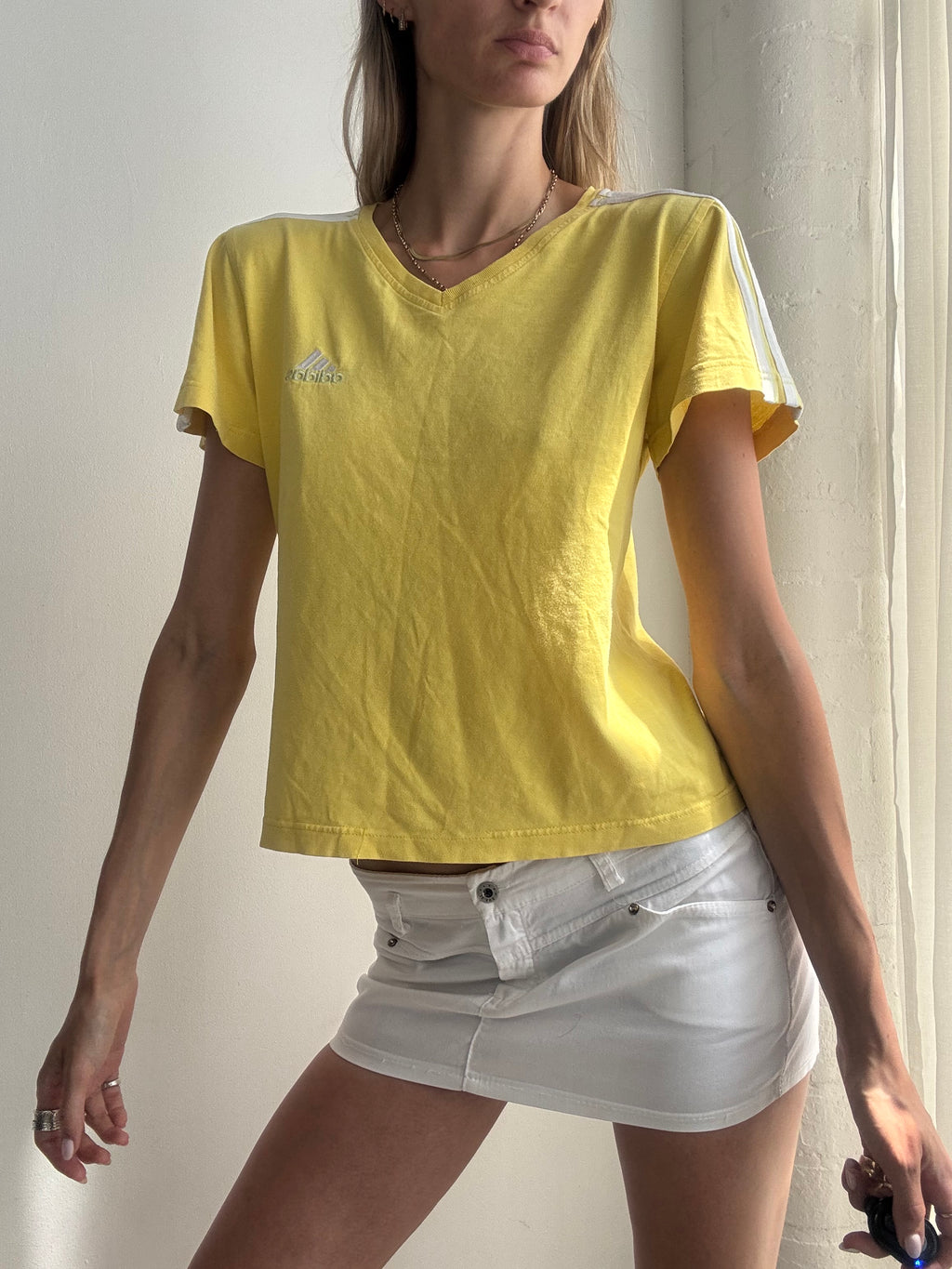 Vintage Y2K Adidas Yellow V-Neck Tee Top - Size L