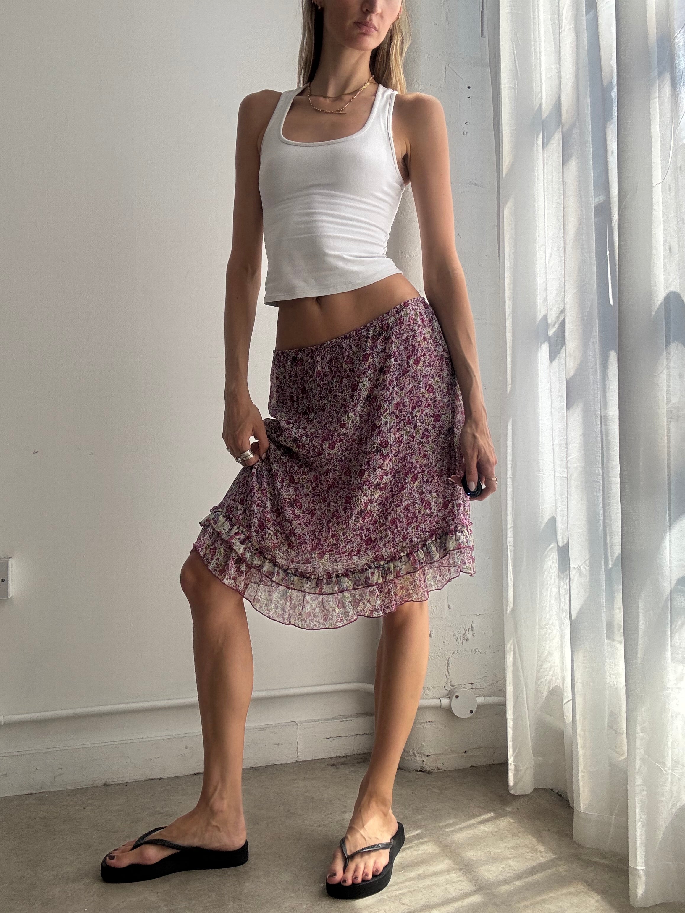 Vintage Floral Mesh Ruffle Midi Skirt Y2K - Size M