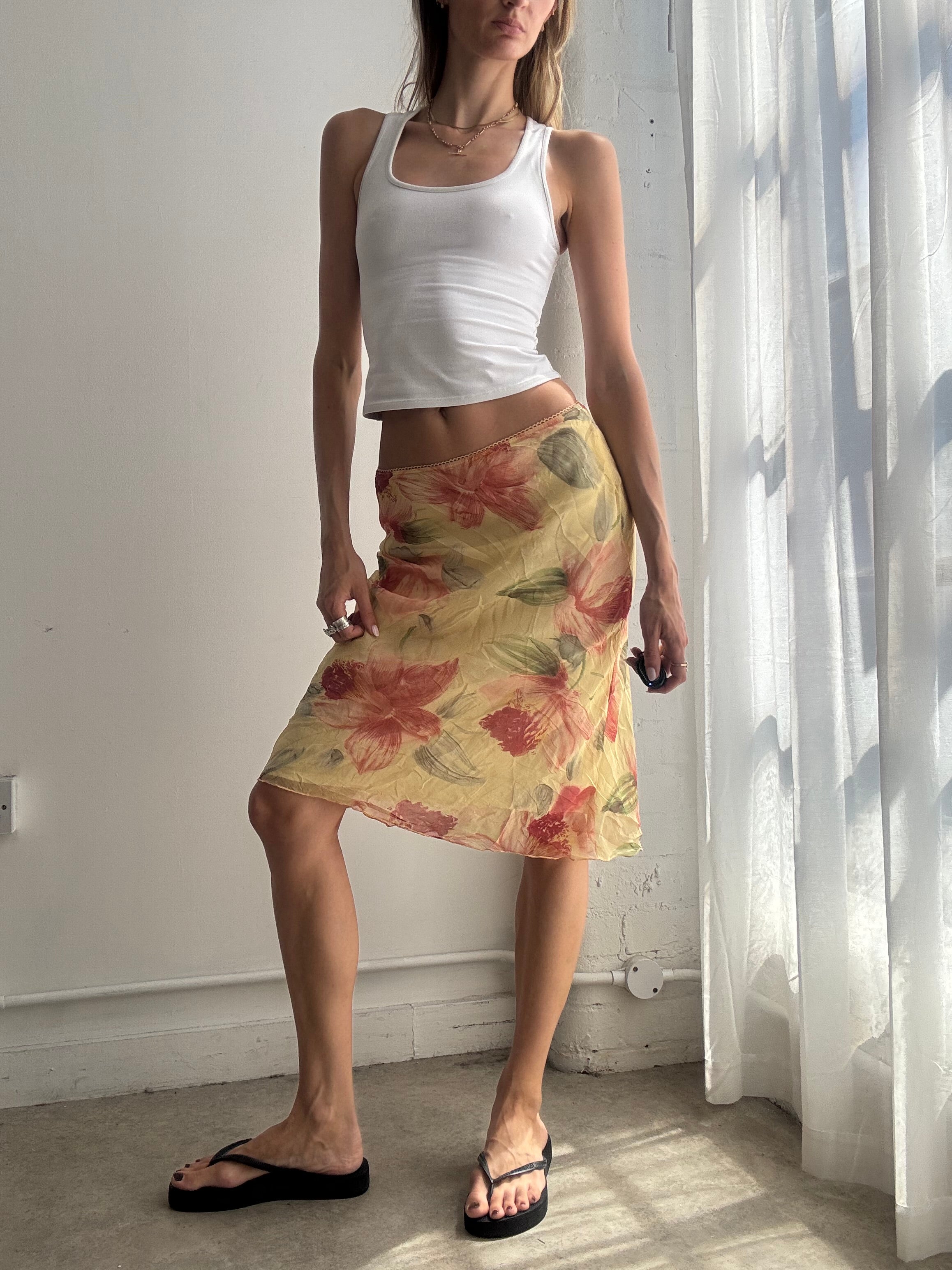 Vintage Floral Mesh Midi Skirt Y2K - Size XS/S