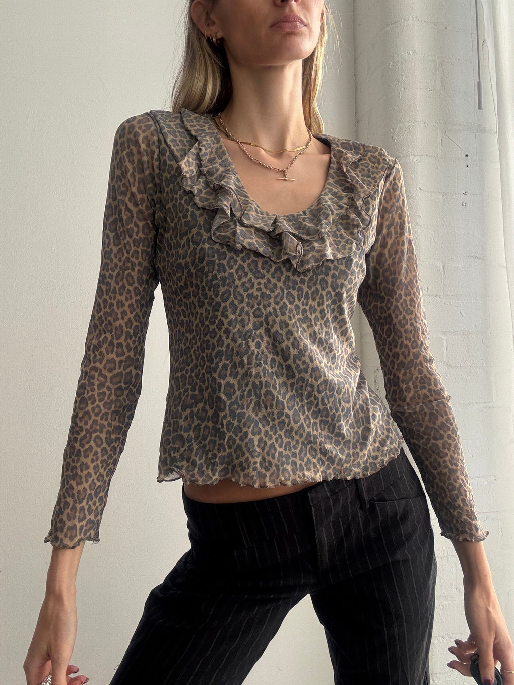 Vintage Y2K leopard print mesh ruffle top