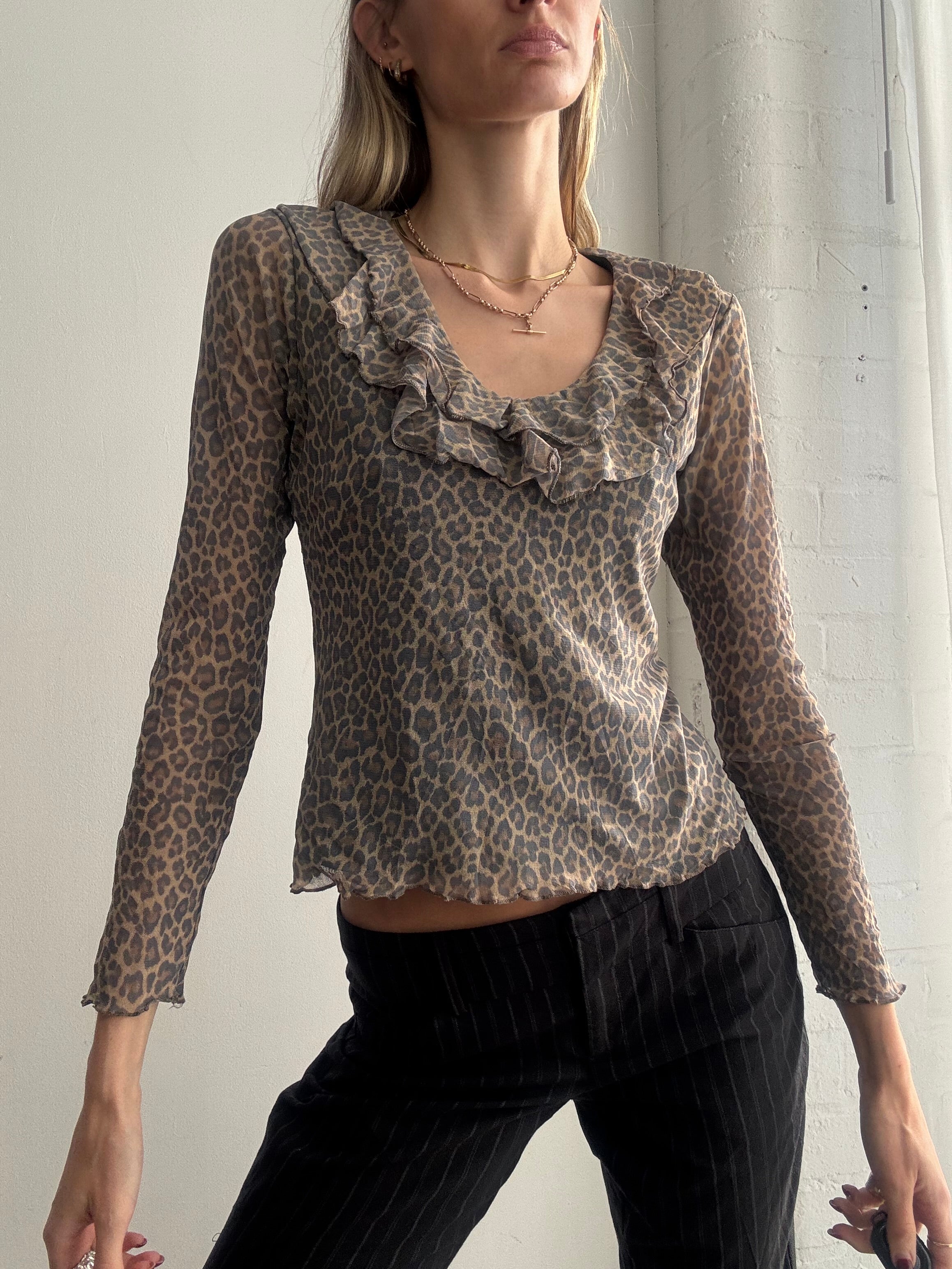 Vintage Y2K leopard print mesh ruffle top