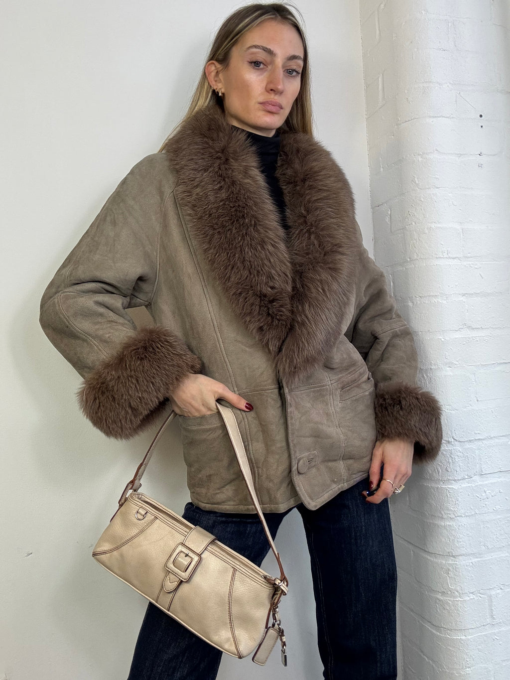 Vintage 90s sheepskin coat with fox fur trim