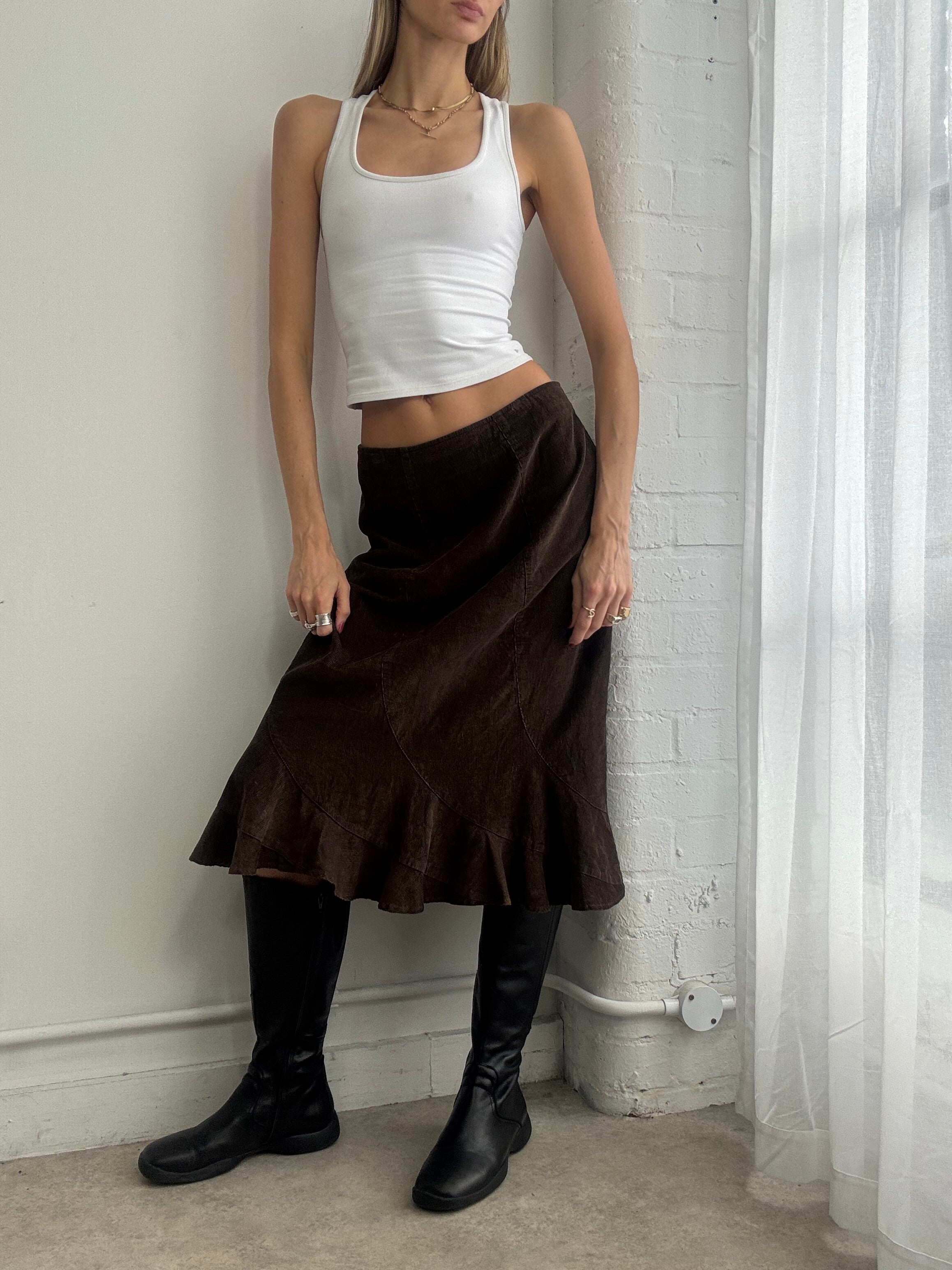 Vintage Y2K brown corduroy ruffle midi skirt