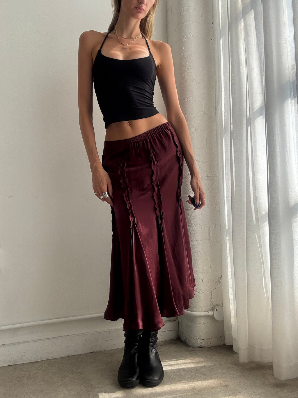Vintage Y2K Burgundy Silk Ruffle Maxi Skirt - Size S