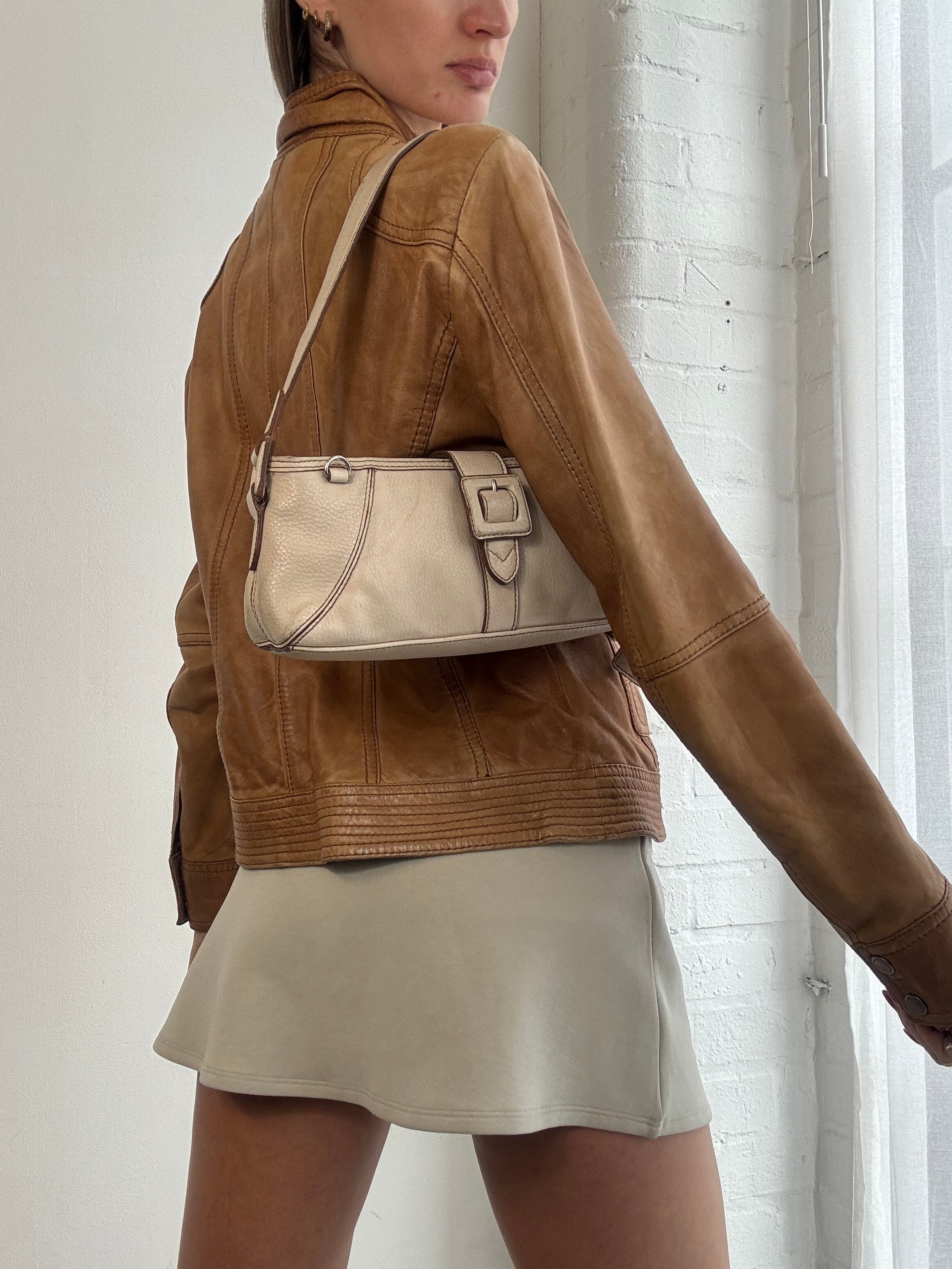 Vintage Y2K tan fitted leather zip up biker jacket