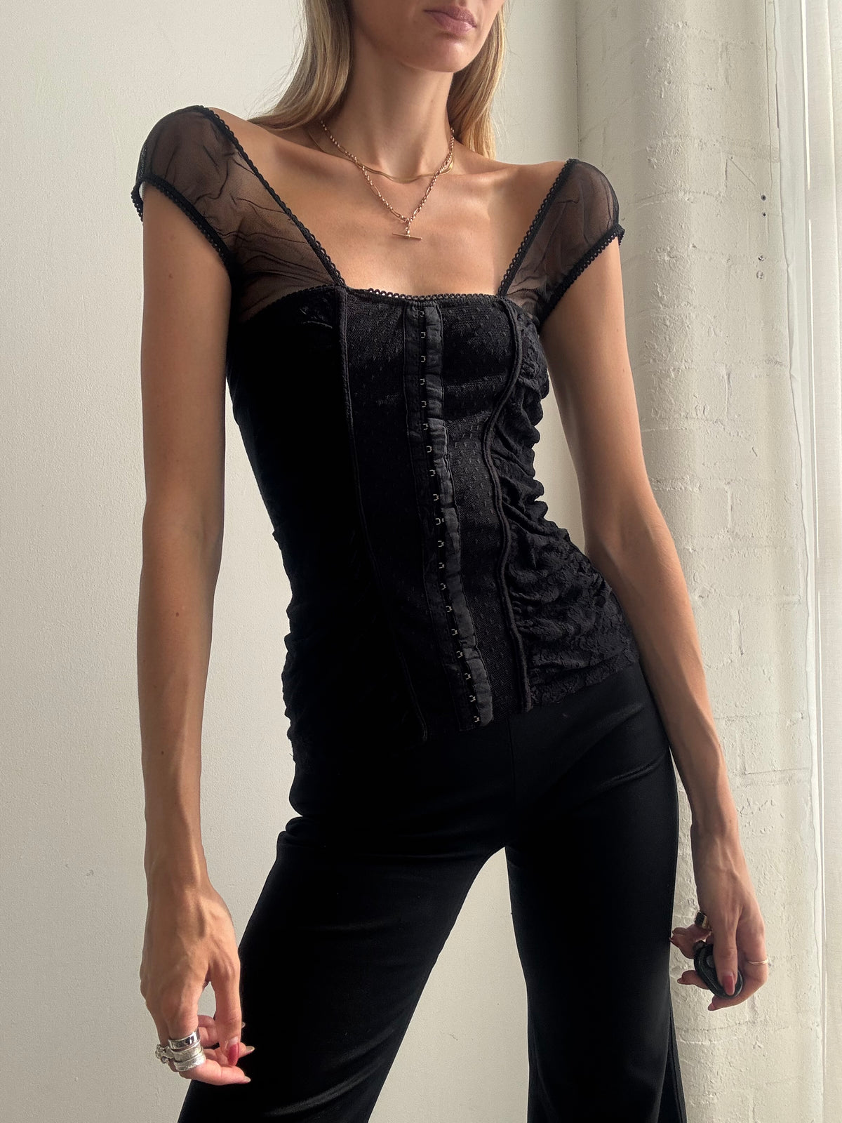 Vintage Y2K Black Mesh Corset Top - Size XS
