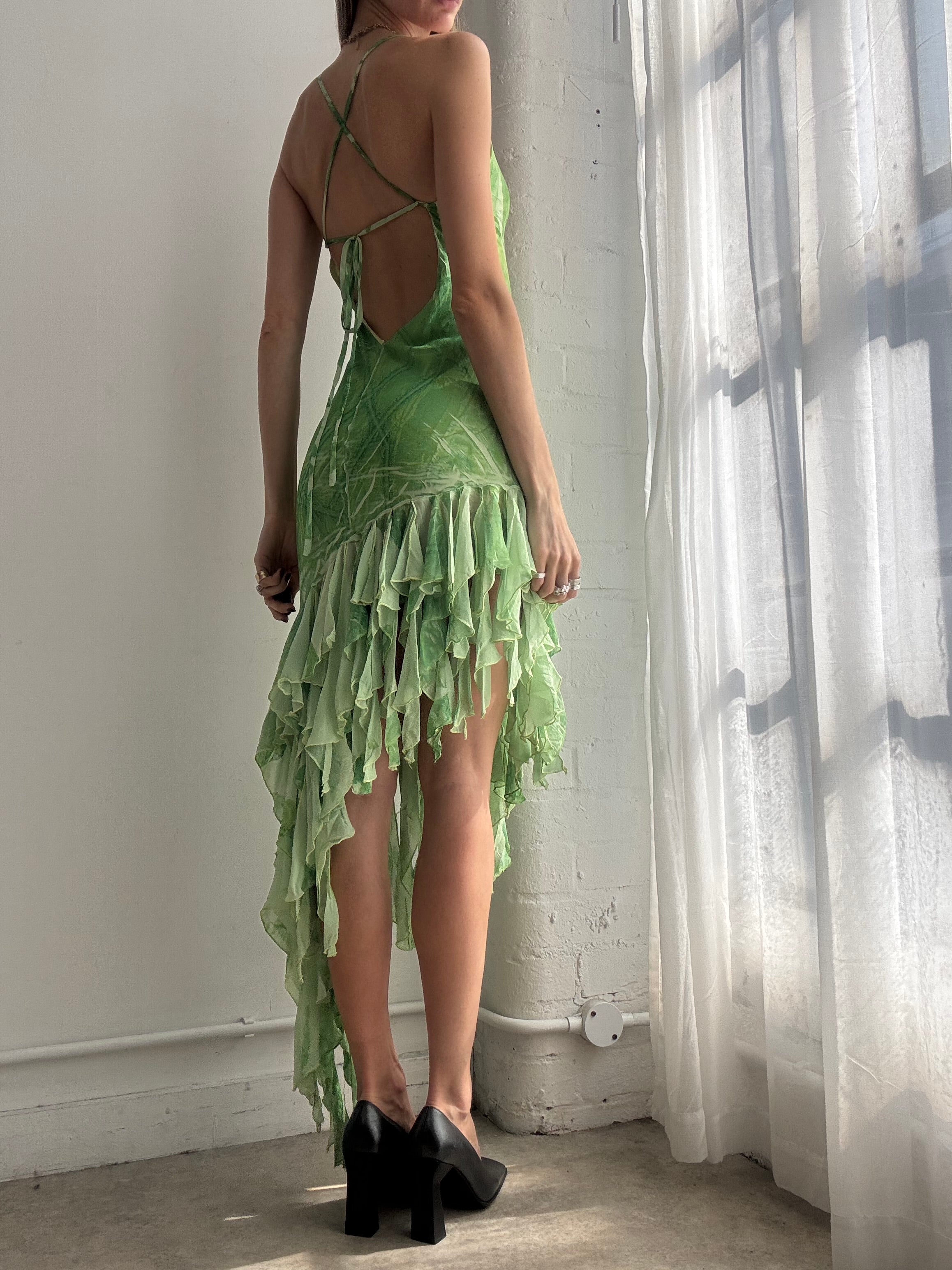Vintage Y2K lime green ruffle asymmetrical dress - Size S