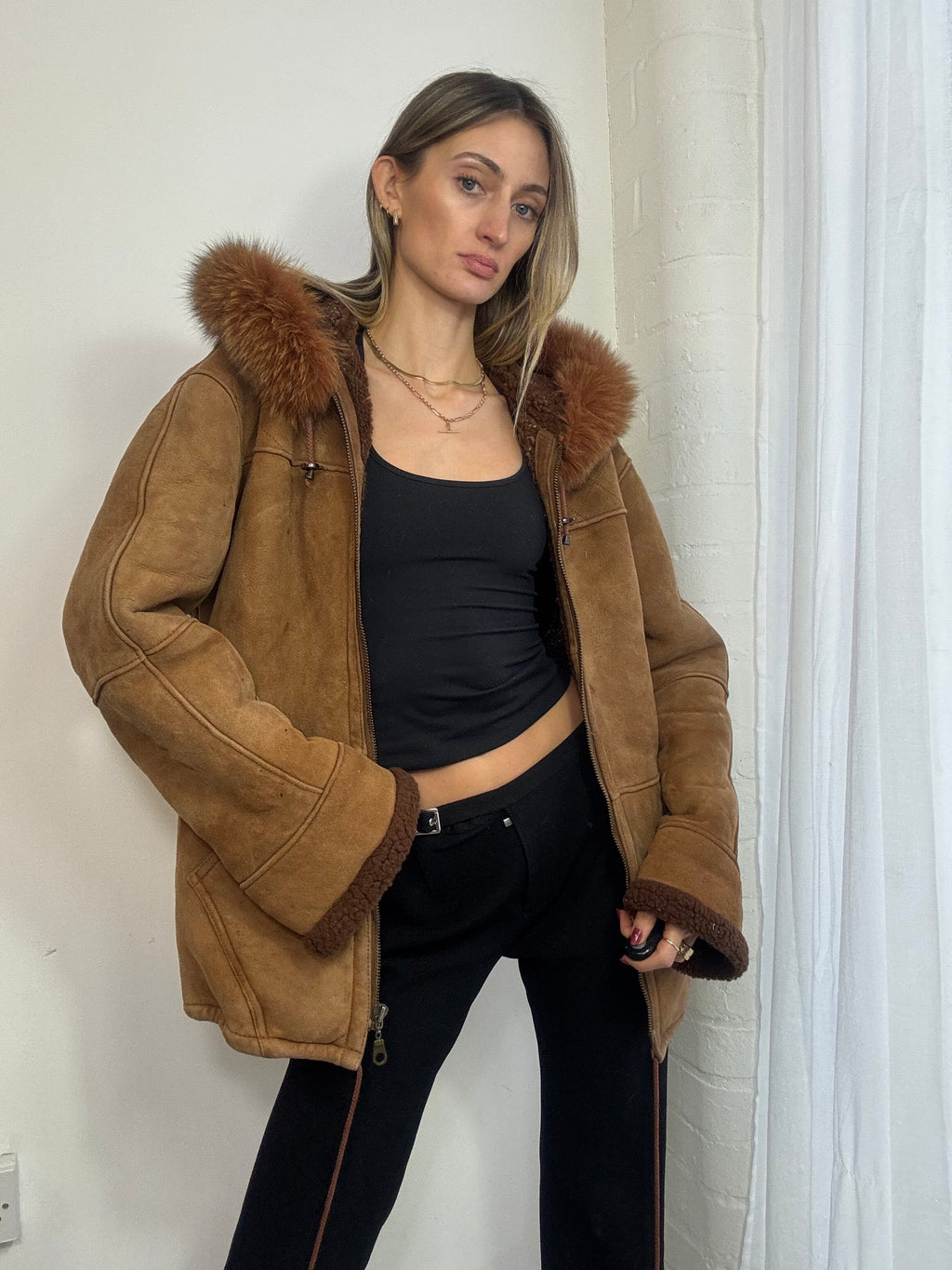Vintage 90s brown suede hooded coat