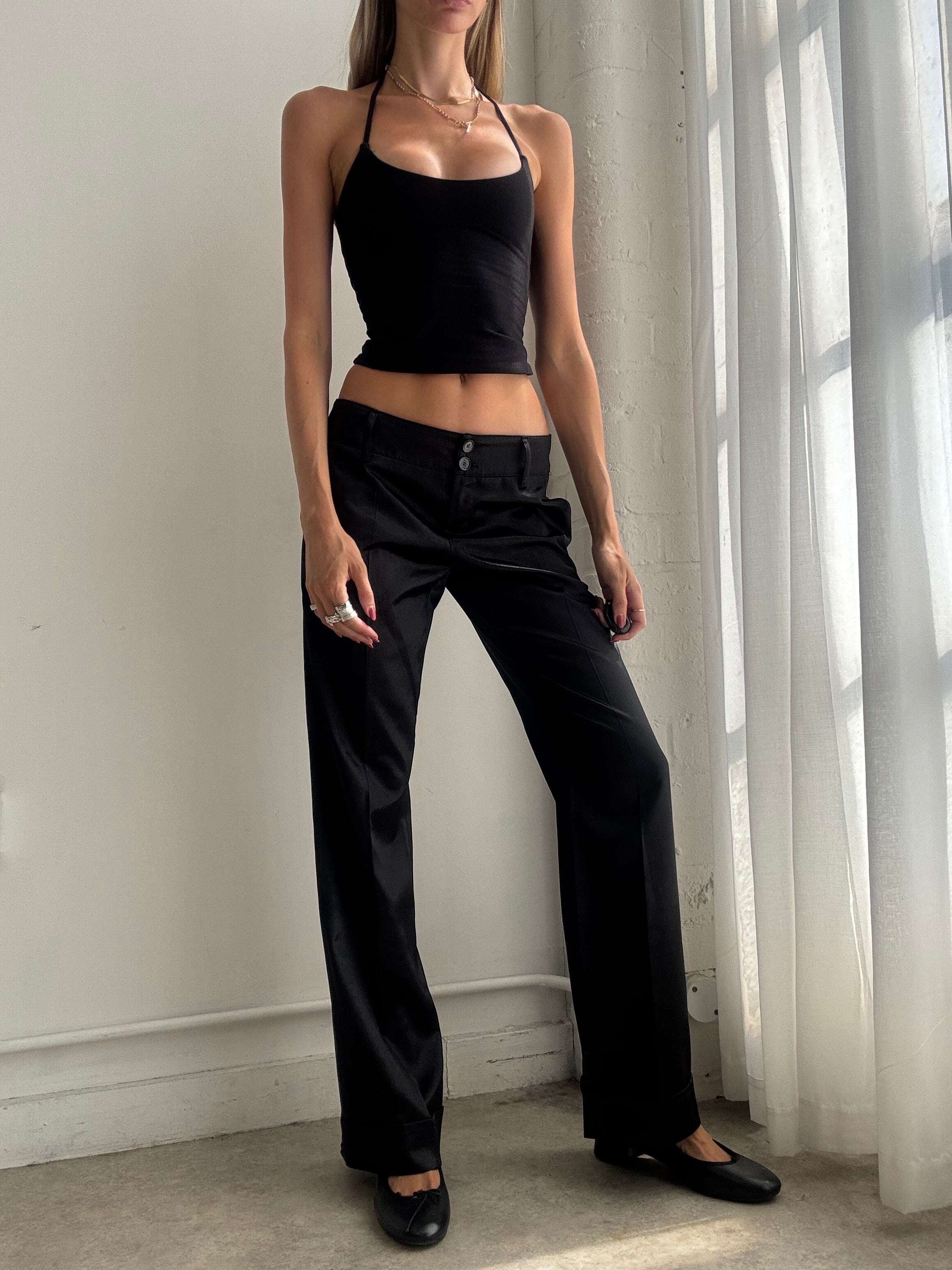 Vintage y2k Black Low Rise Satin Tailored Trousers - Size S