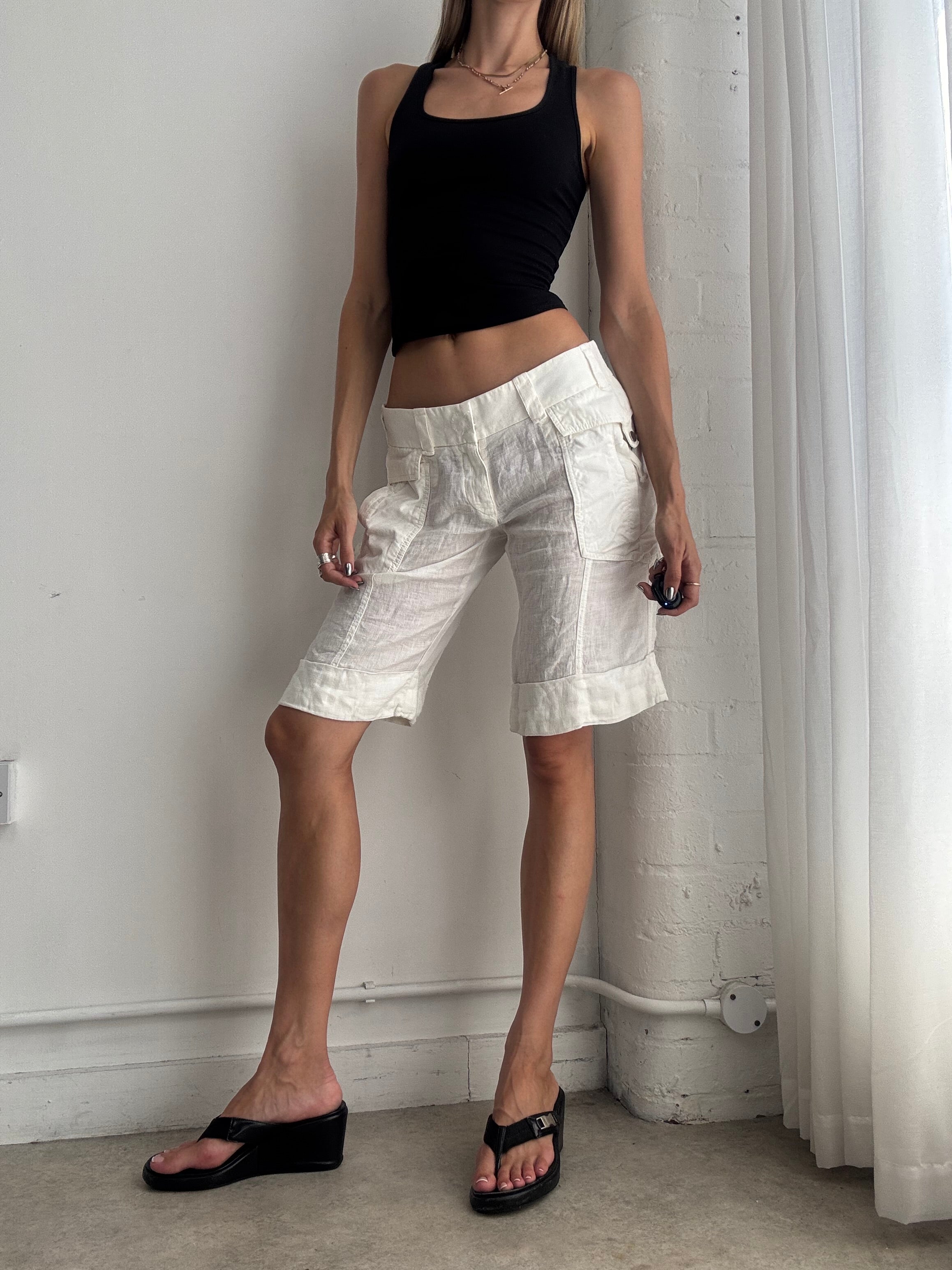 Vintage Y2K White Linen Capri Pants – Low Rise Utility Knee Length Shorts - Size S