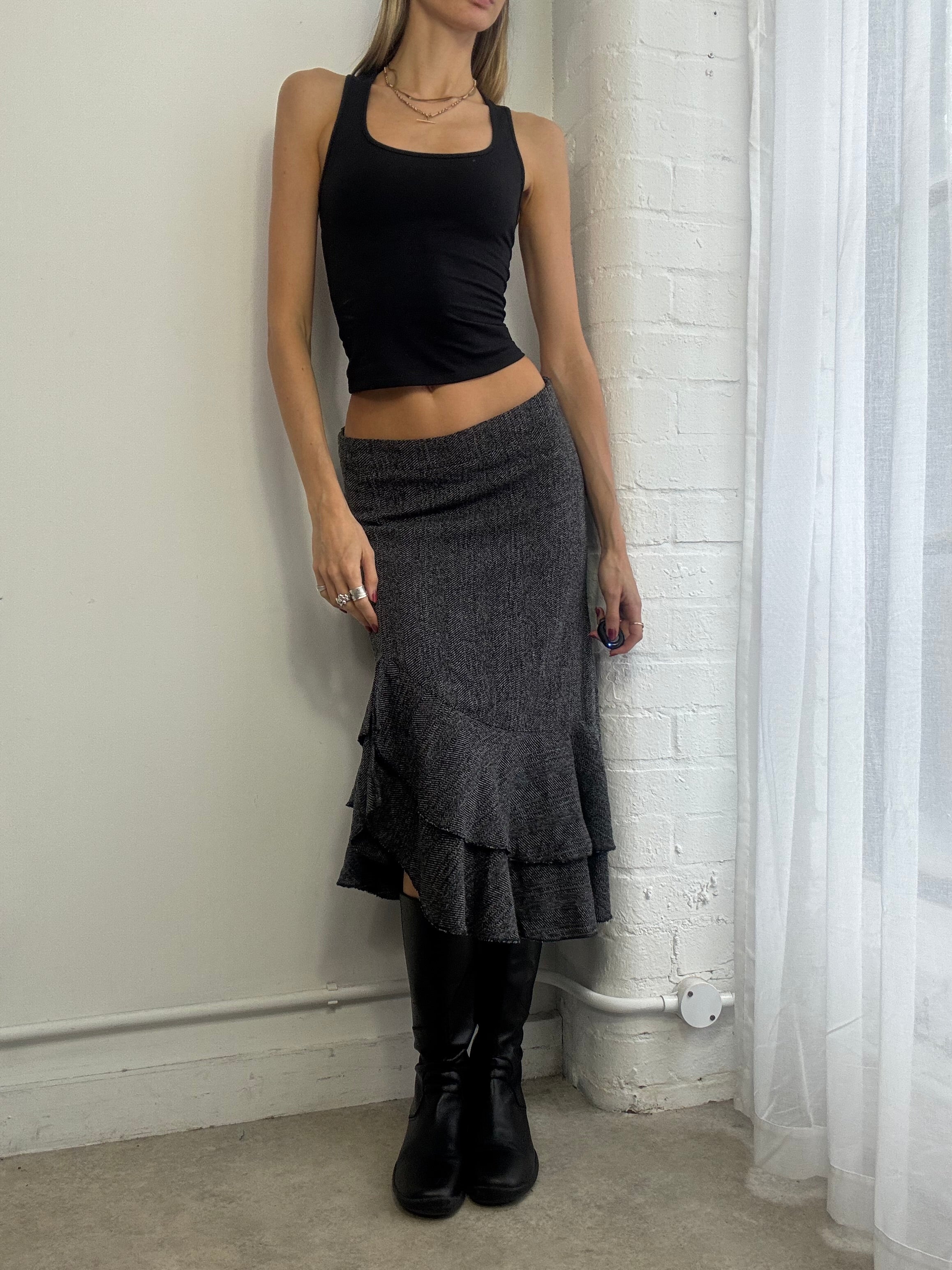 Vintage Y2K grey woven midi skirt ruffle office