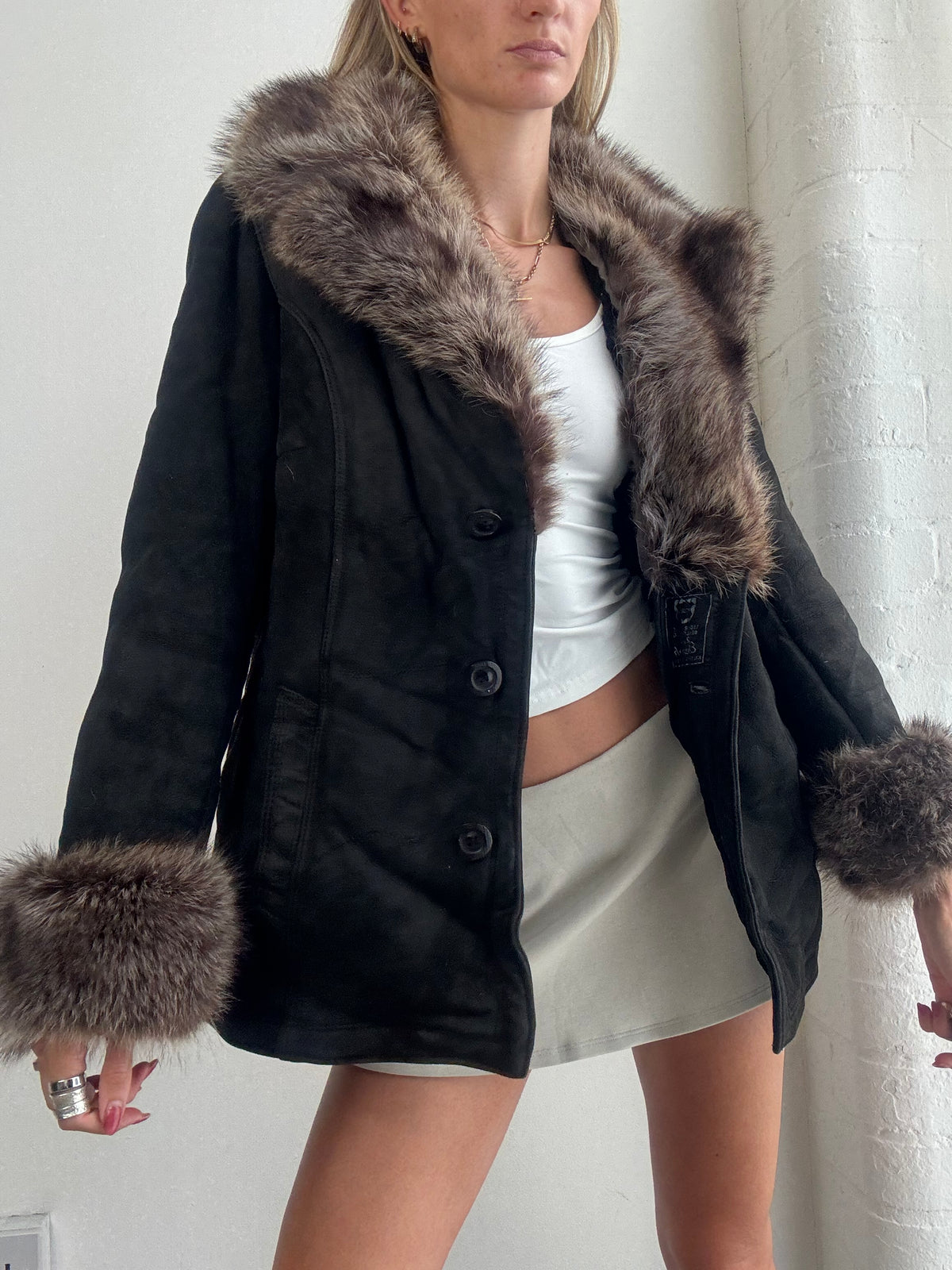 Vintage 90's Black Suede Fur Trim Afghan Jacket - Size S/M
