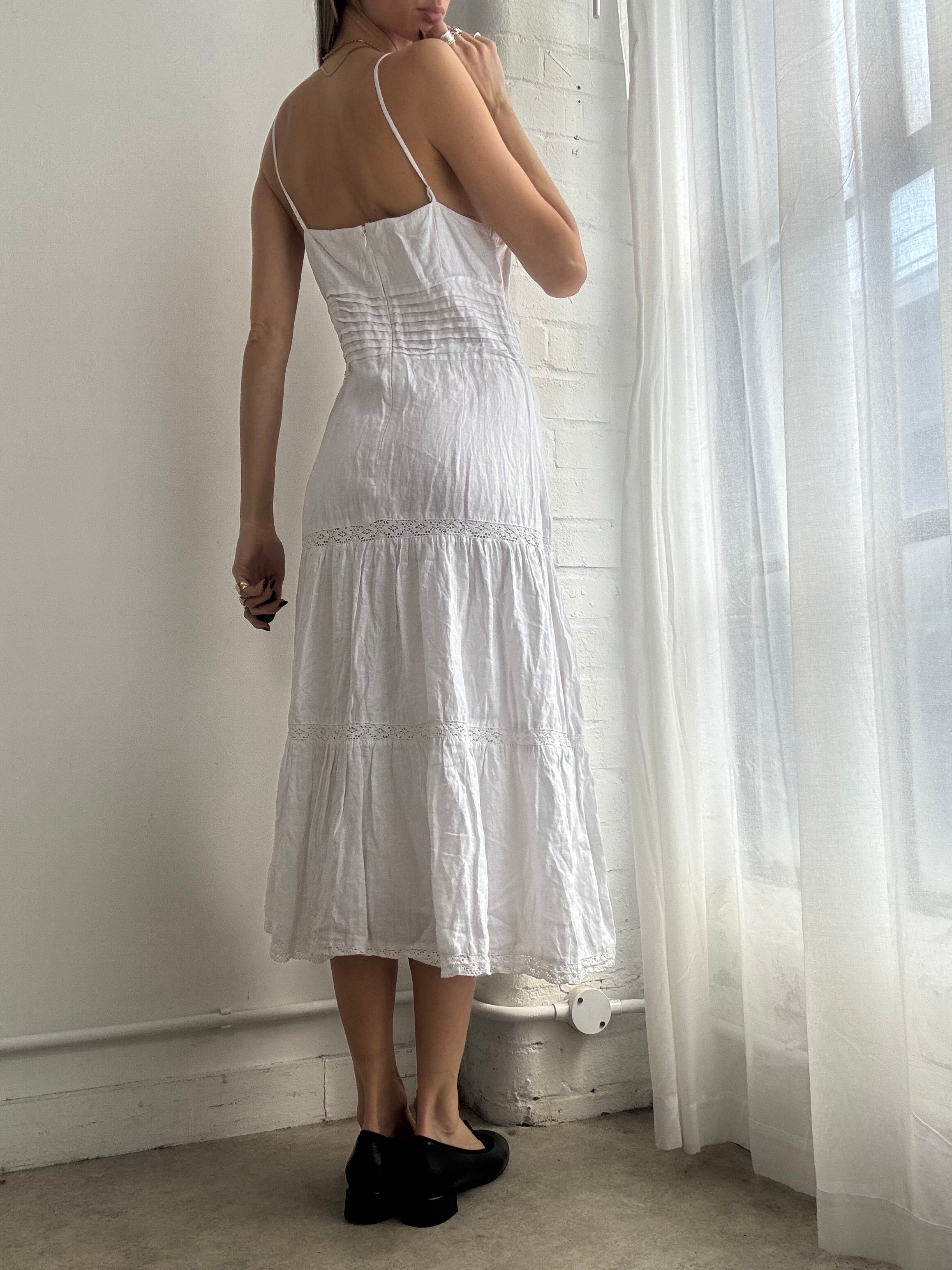 Vintage Y2K white tiered midi cotton summer dress - Size S