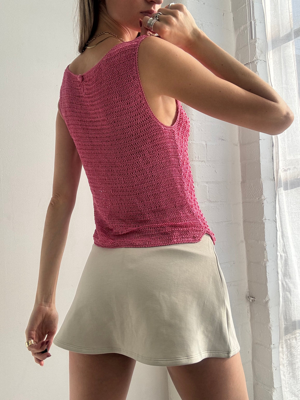 Vintage Y2k Hot Pink Crochet Beaded Boat Neck Top