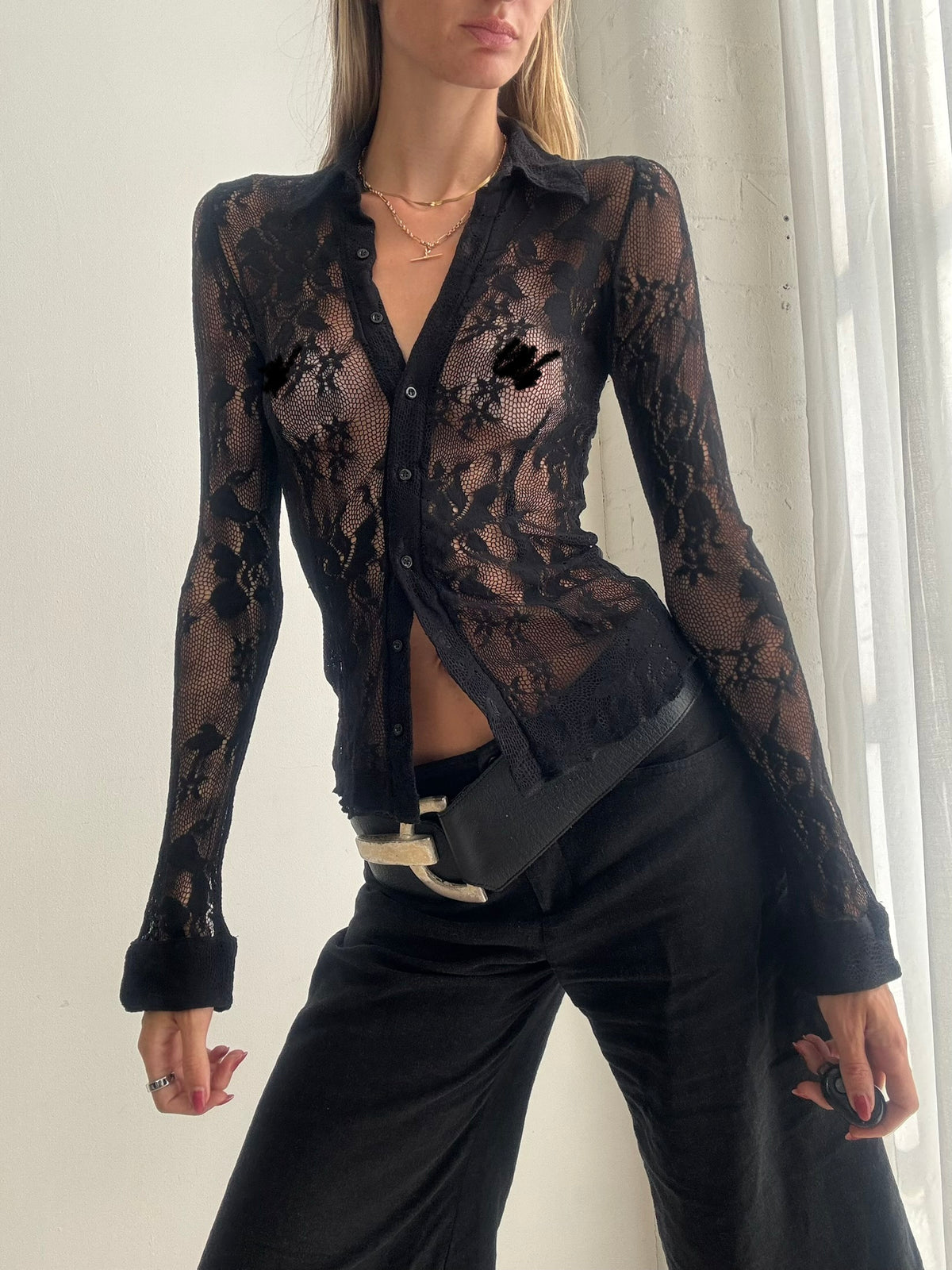Vintage Y2K Black Sheer Floral Lace Shirt – Fitted Button Up Top - Size XS