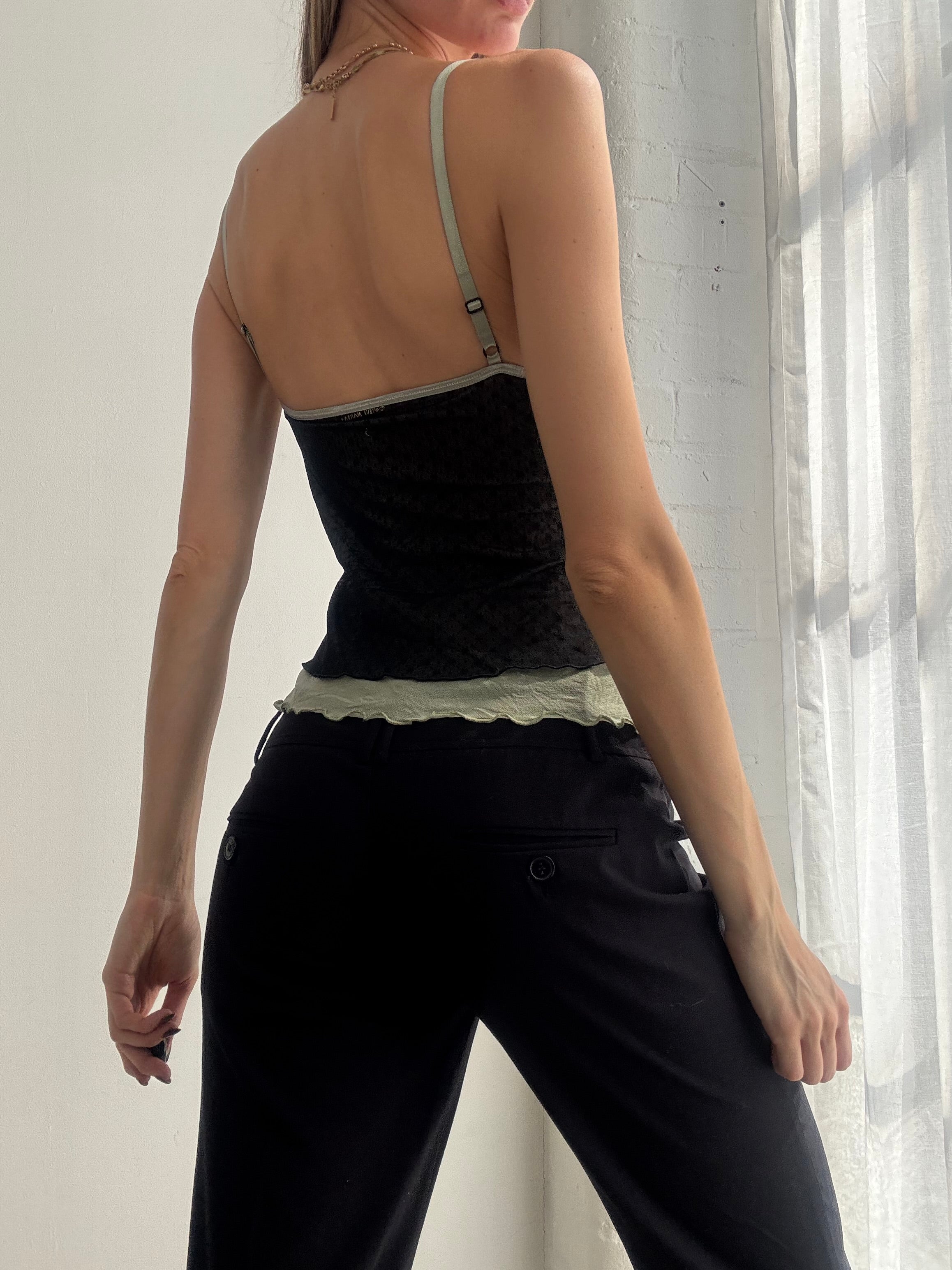 Vintage Y2K black mesh cami with contrast lace trim