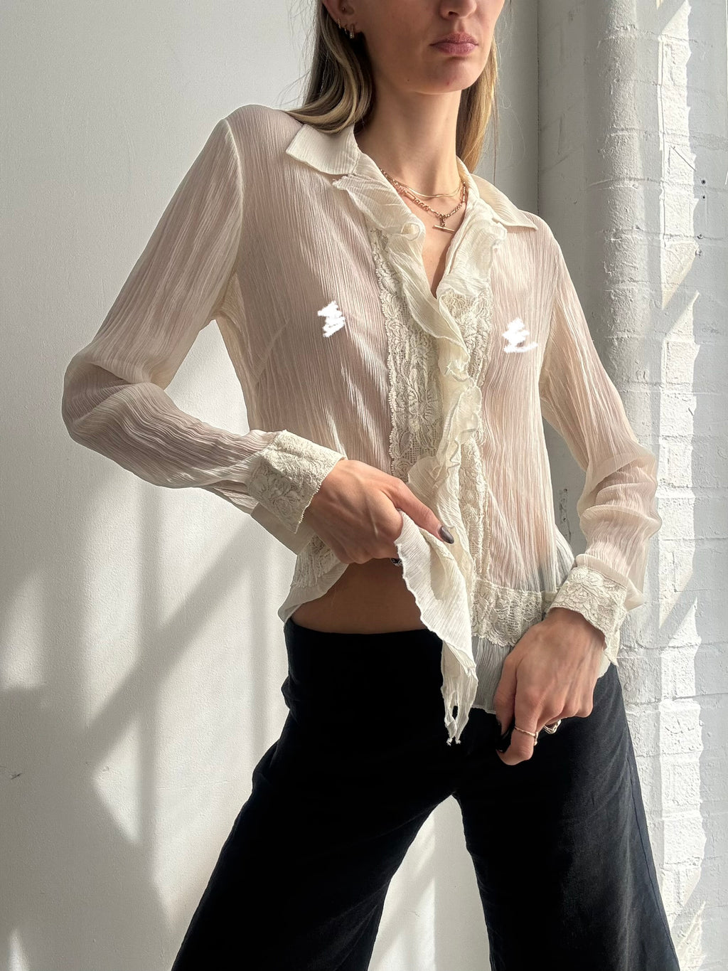 Vintage Y2K sheer ivory chiffon blouse - Size S