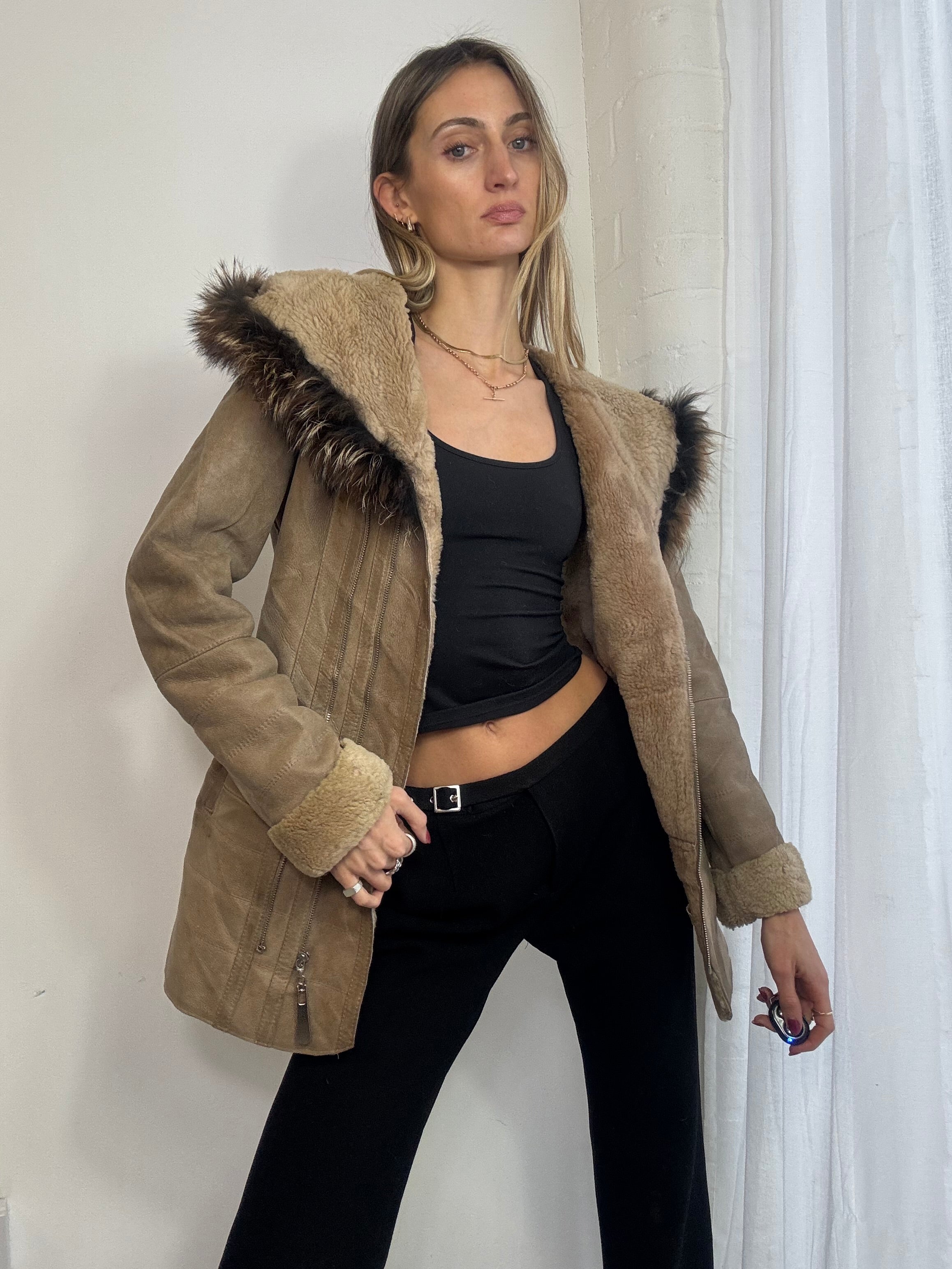 Vintage Y2K brown suede zip up hooded coat fur trim