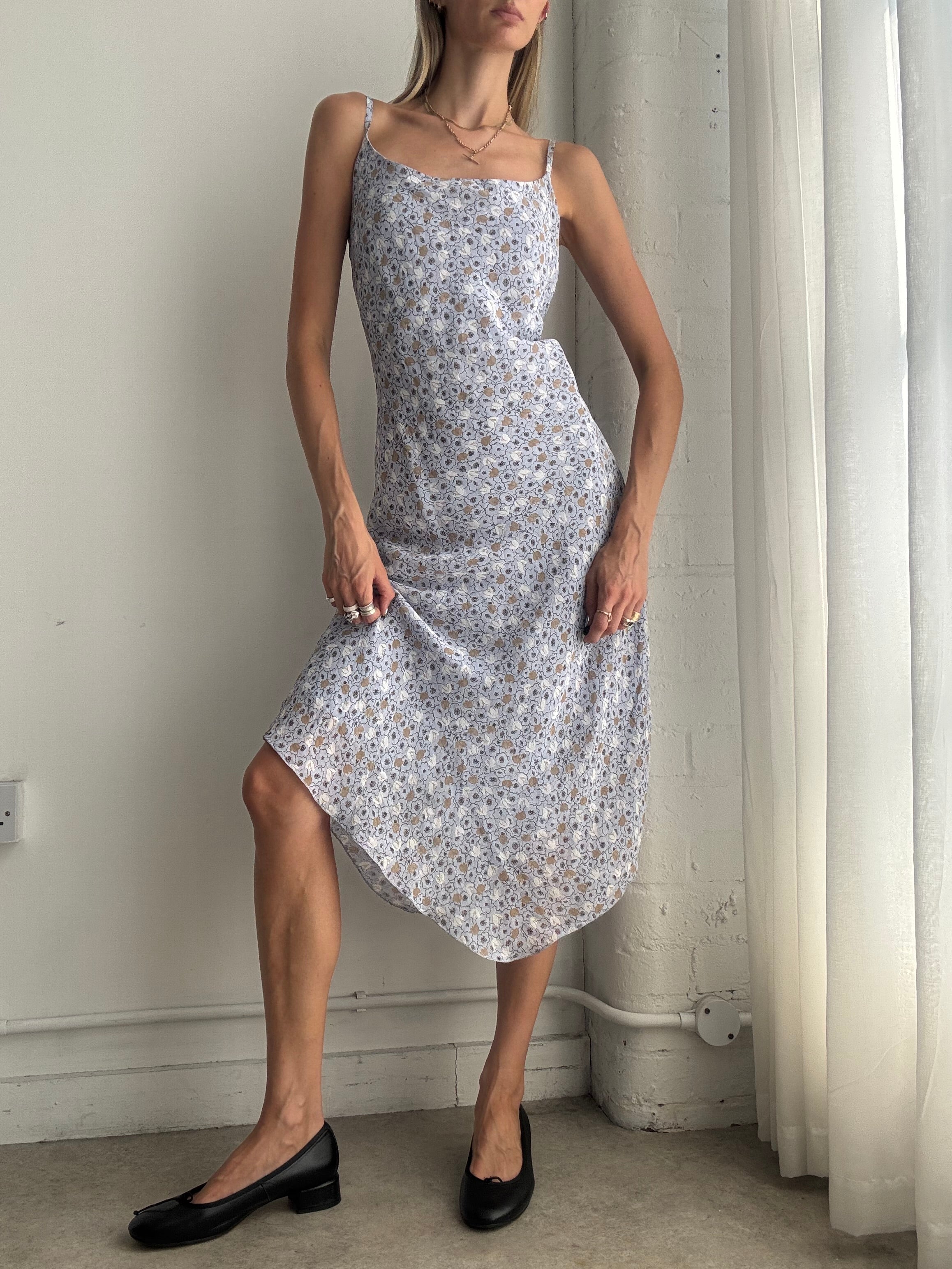 Vintage Y2K Ditsy Floral Asymmetric Blue Midi Dress – Size M