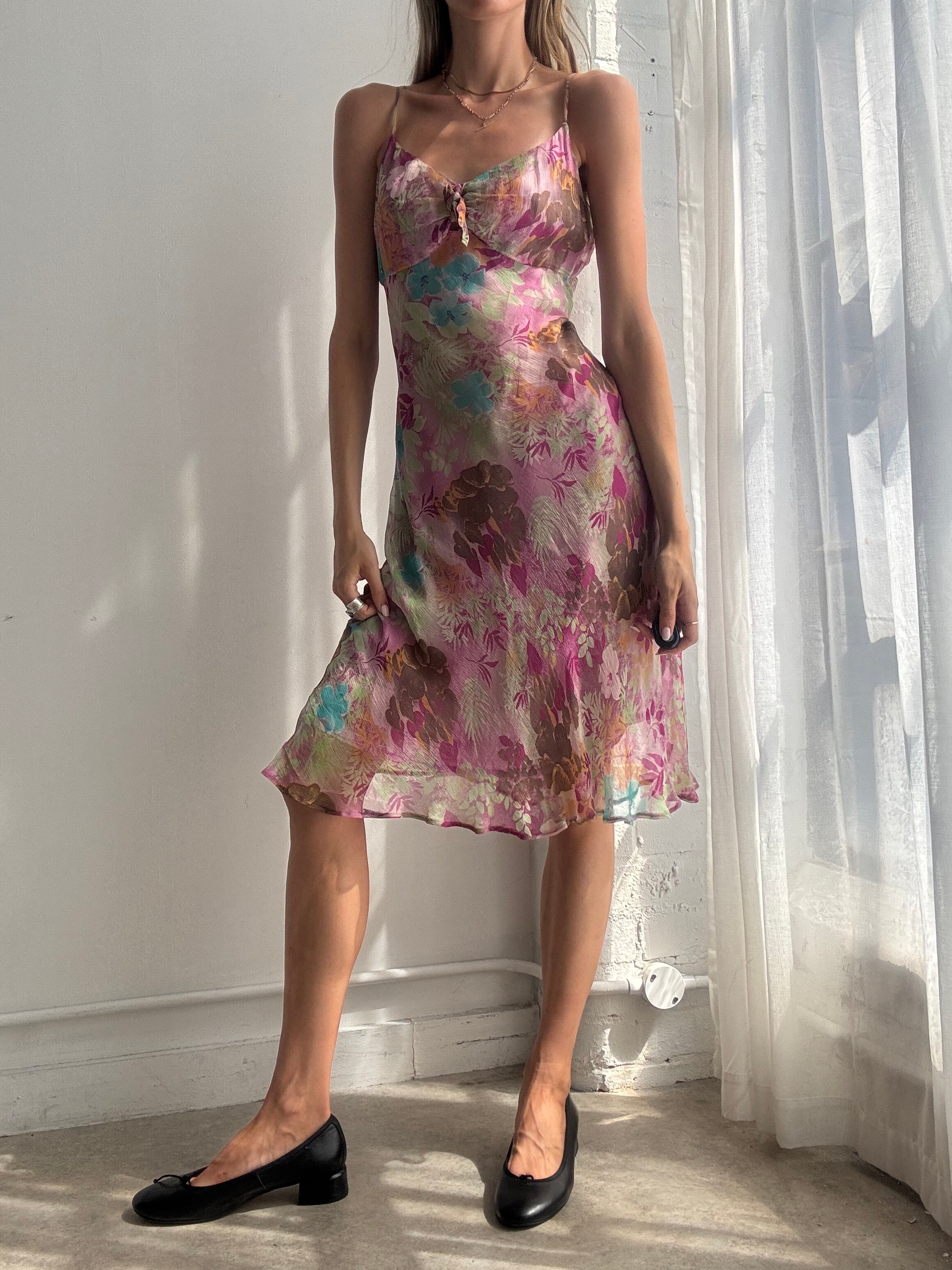 Vintage Y2K Pink Floral Silk Slip Dress - Size M/L