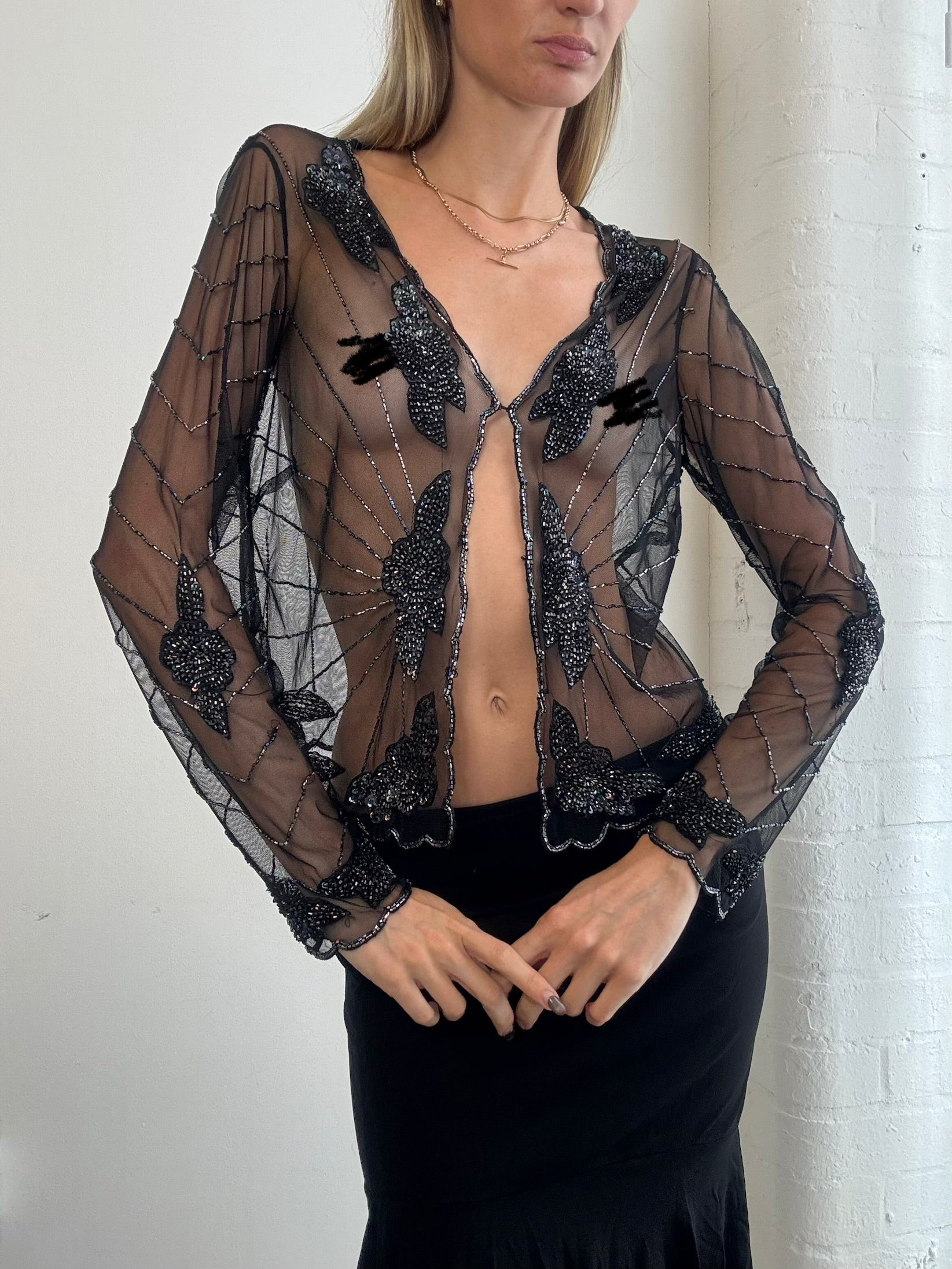 Vintage Y2K sheer black beaded mesh cardigan - Size M