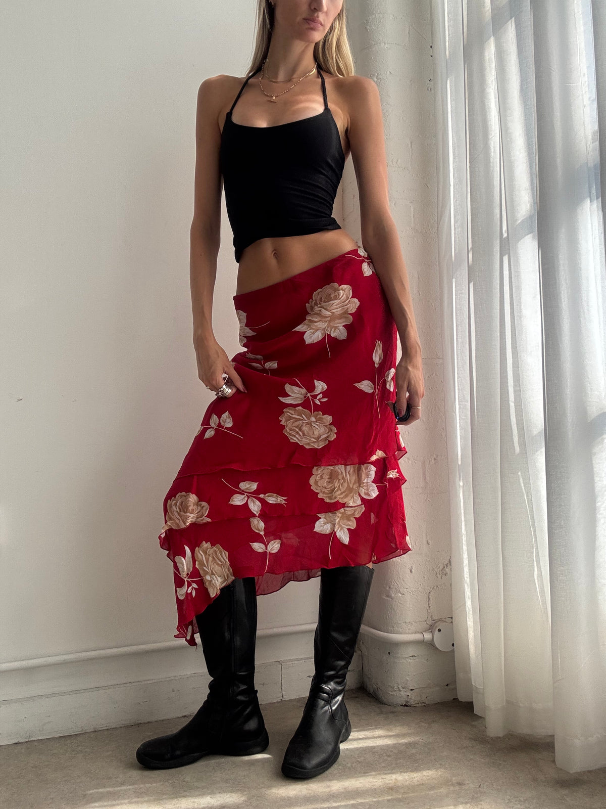 Vintage Y2K Red Floral Asymmetric Midi Skirt - Size XS/S