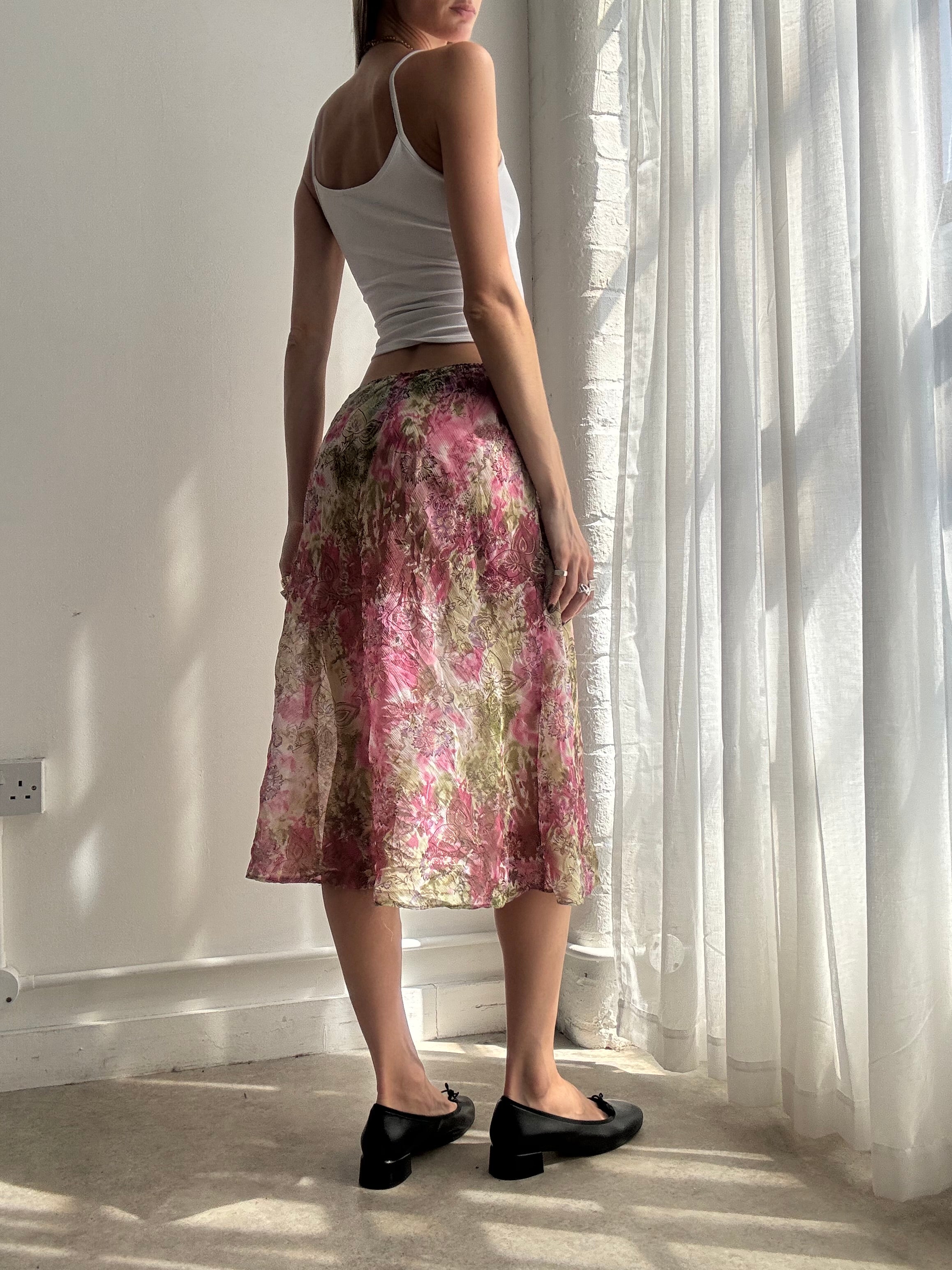 Vintage pink floral sheer mesh midi skirt - Size M/L