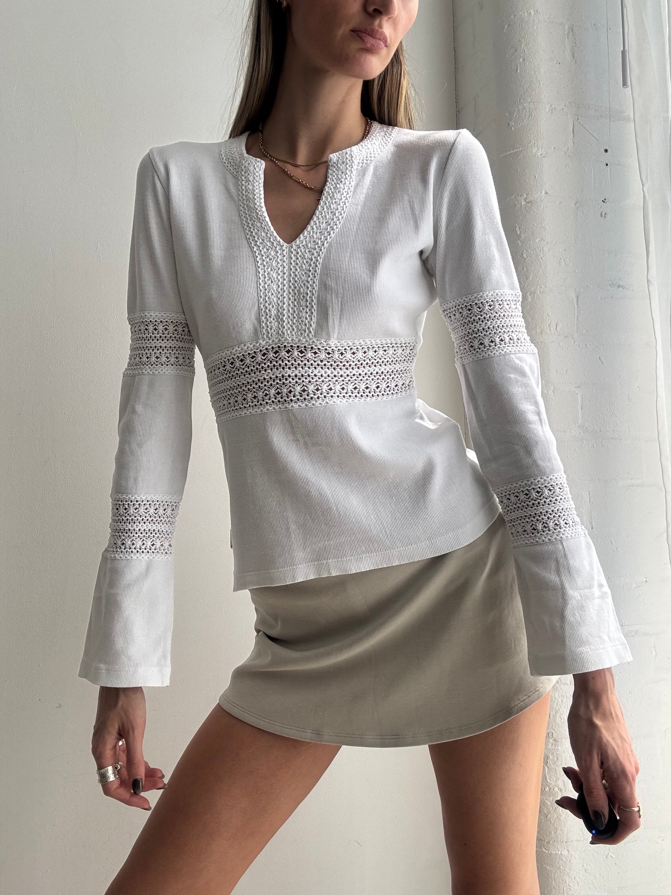 Vintage Y2K white lace panel long sleeve top - Size S