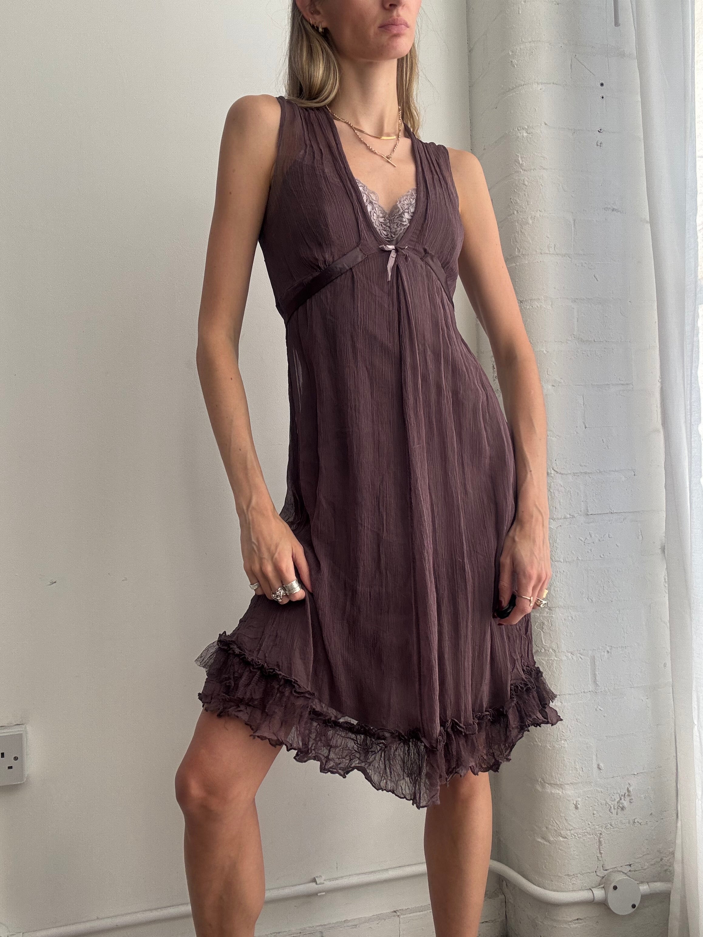Vintage 90s silk ruffle slip dress plum
