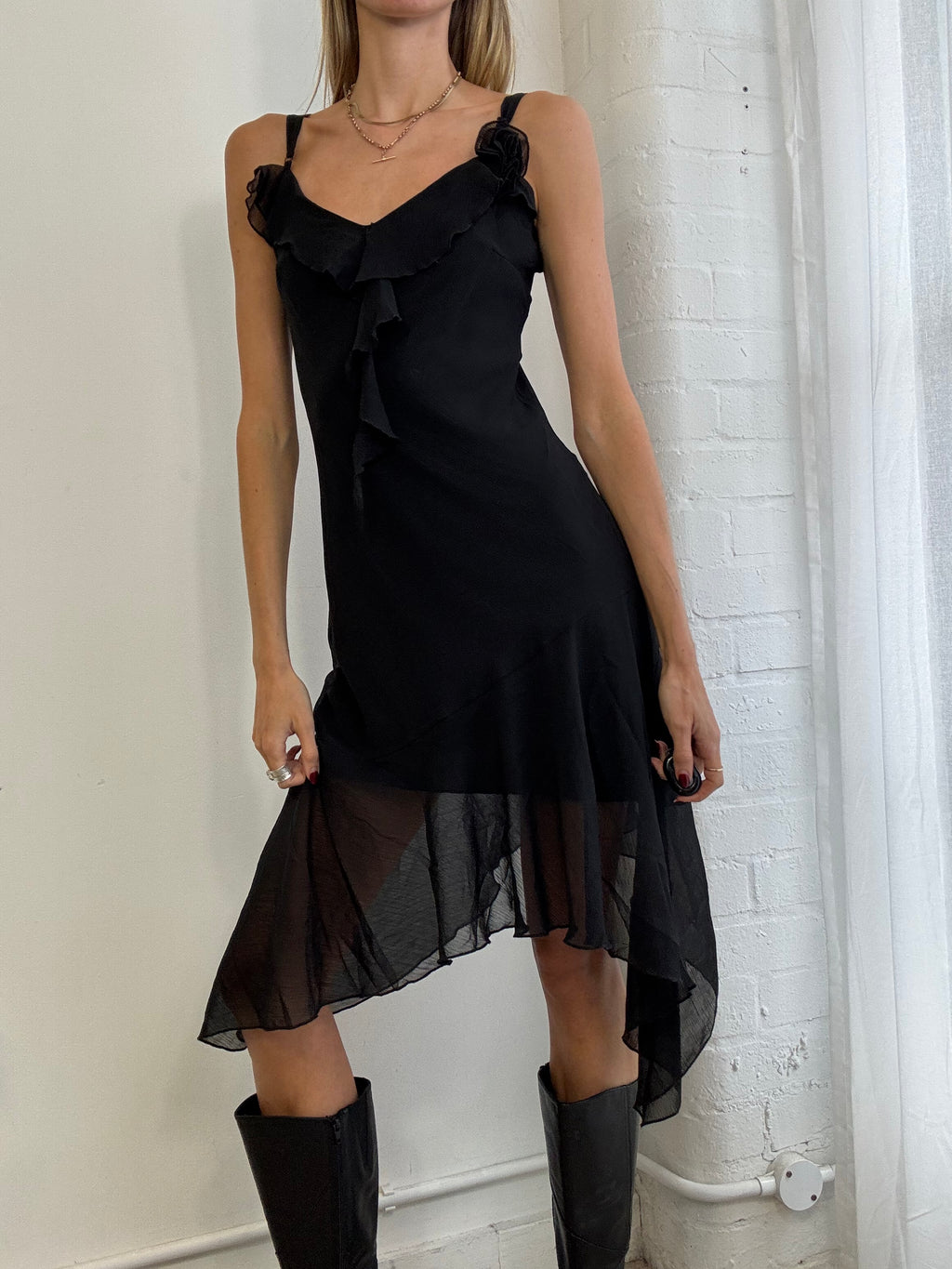 Vintage Y2K asymmetric black mesh slip dress