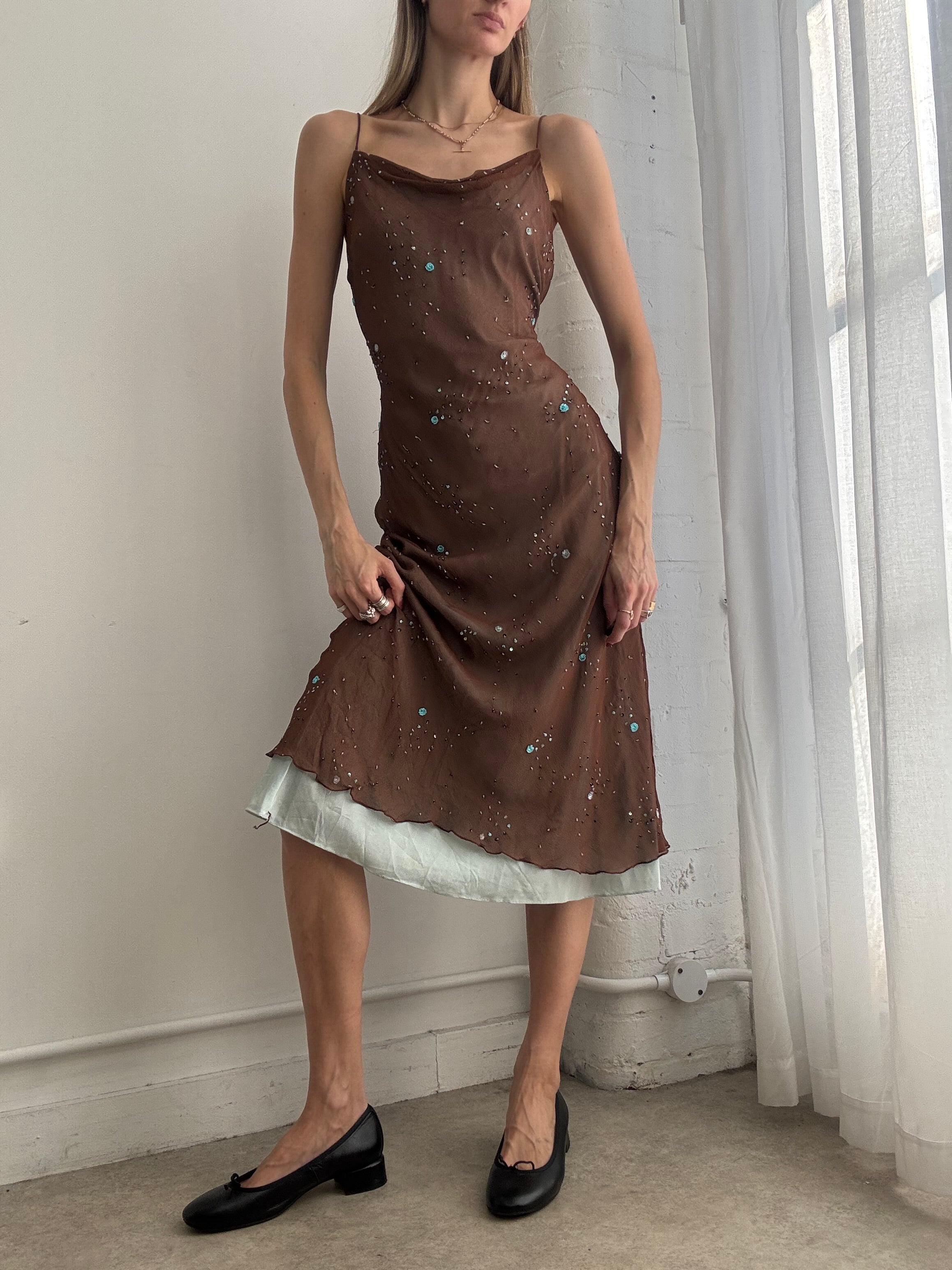 Vintage Y2K brown & blue cowl neck mesh slip dress