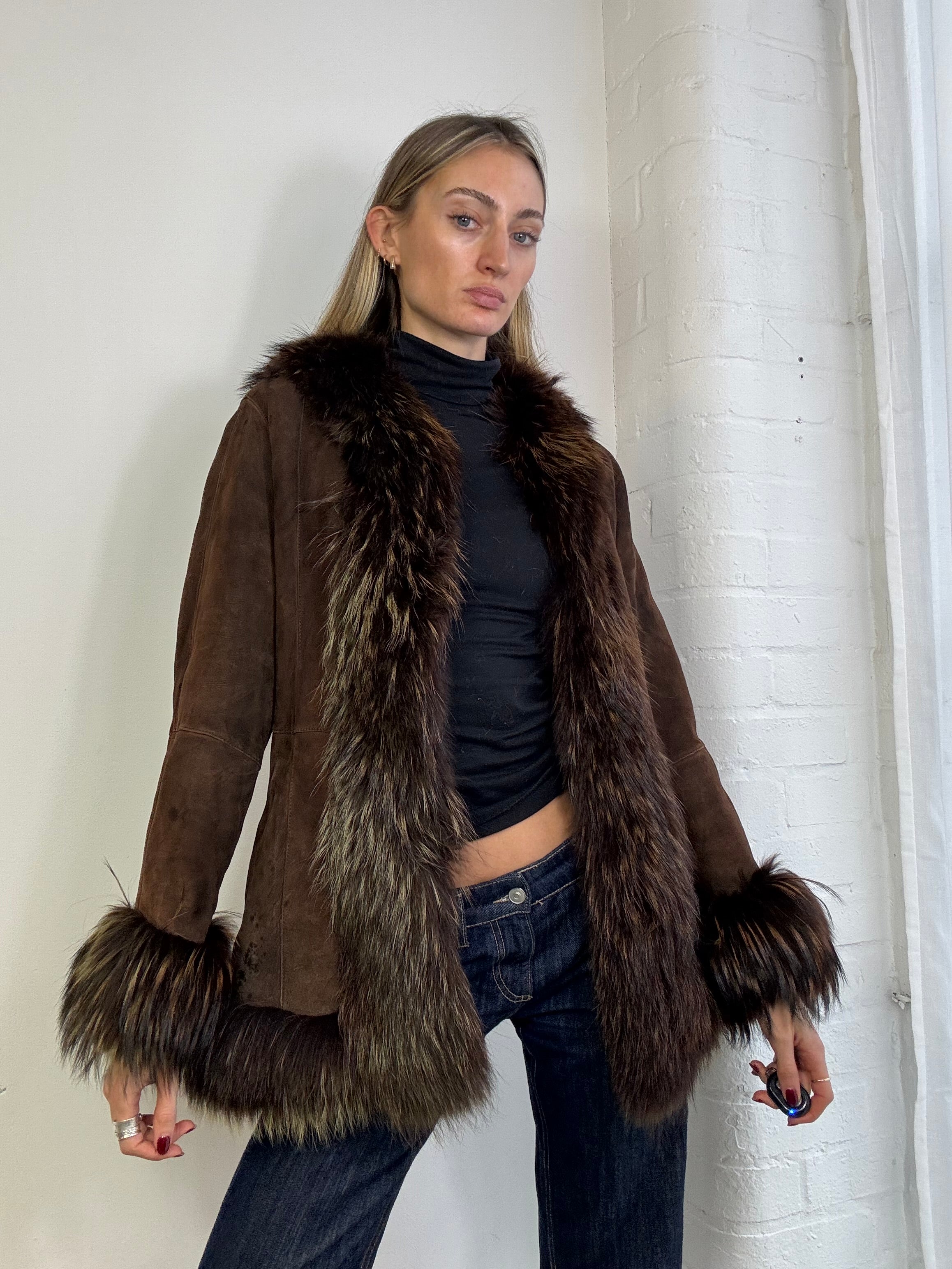 Vintage 90s brown suede & fur Afghan coat