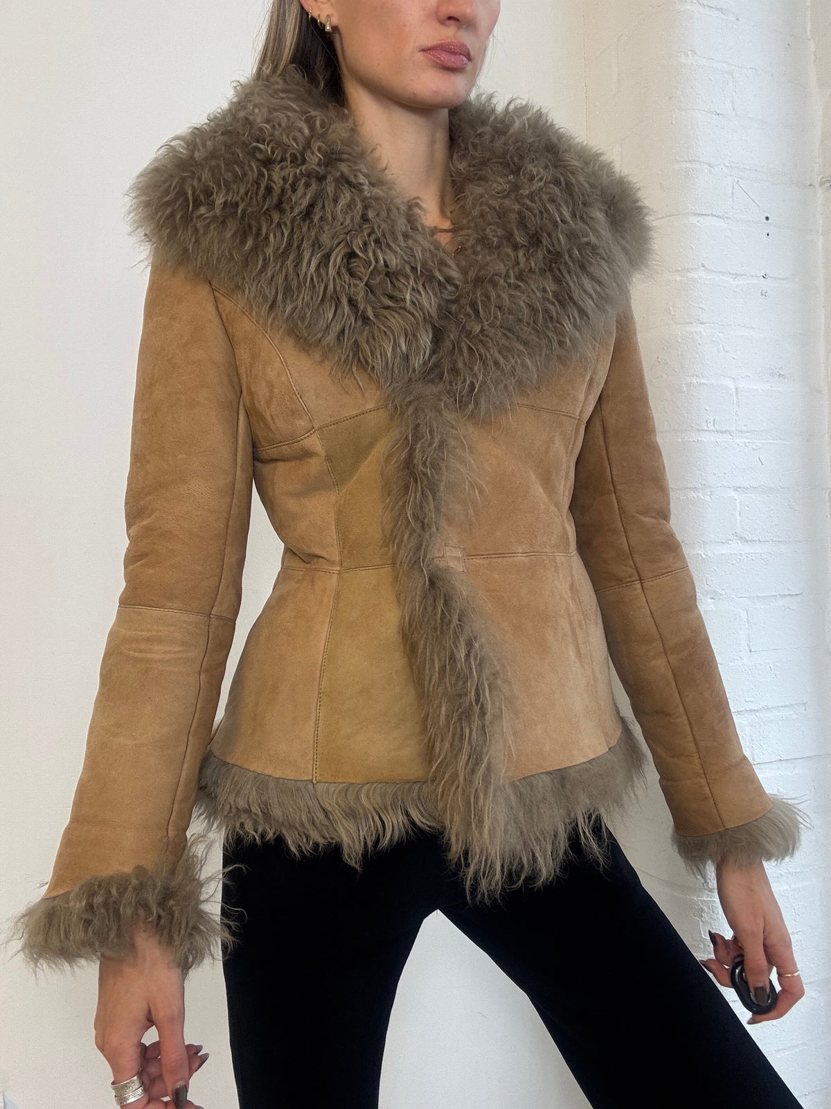 Vintage Y2K Tan Suede & Shaggy Shearling Trim Penny Lane Jacket - Size XS