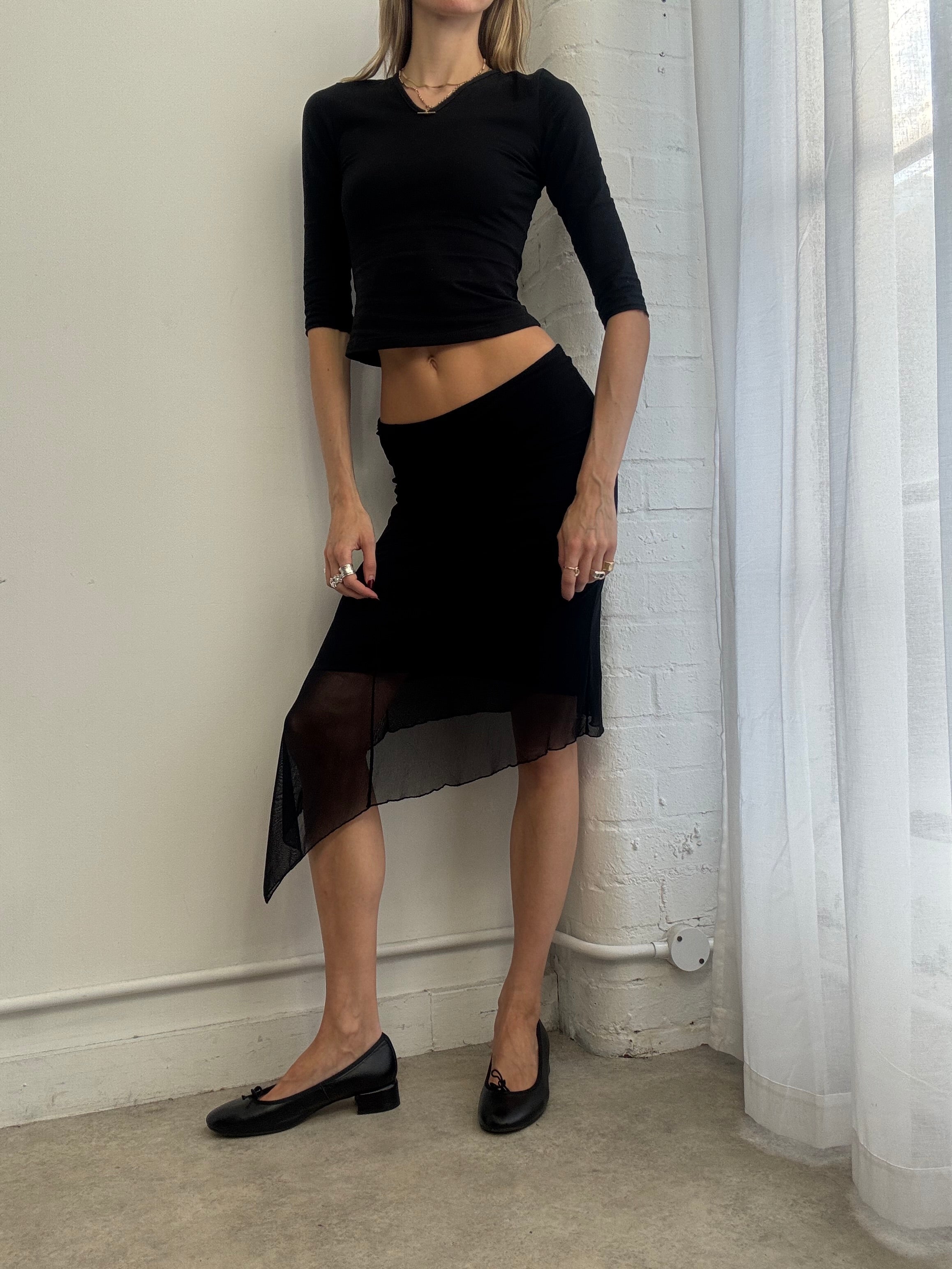 Vintage Y2K black mesh asymmetric midi skirt