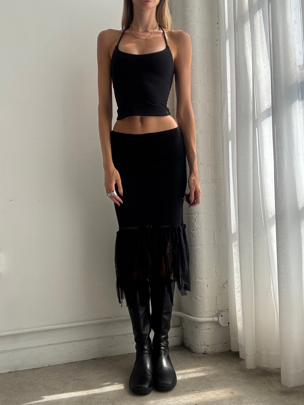 Vintage 90s Black Asymmetric Mesh Midi Skirt - Size XS/S