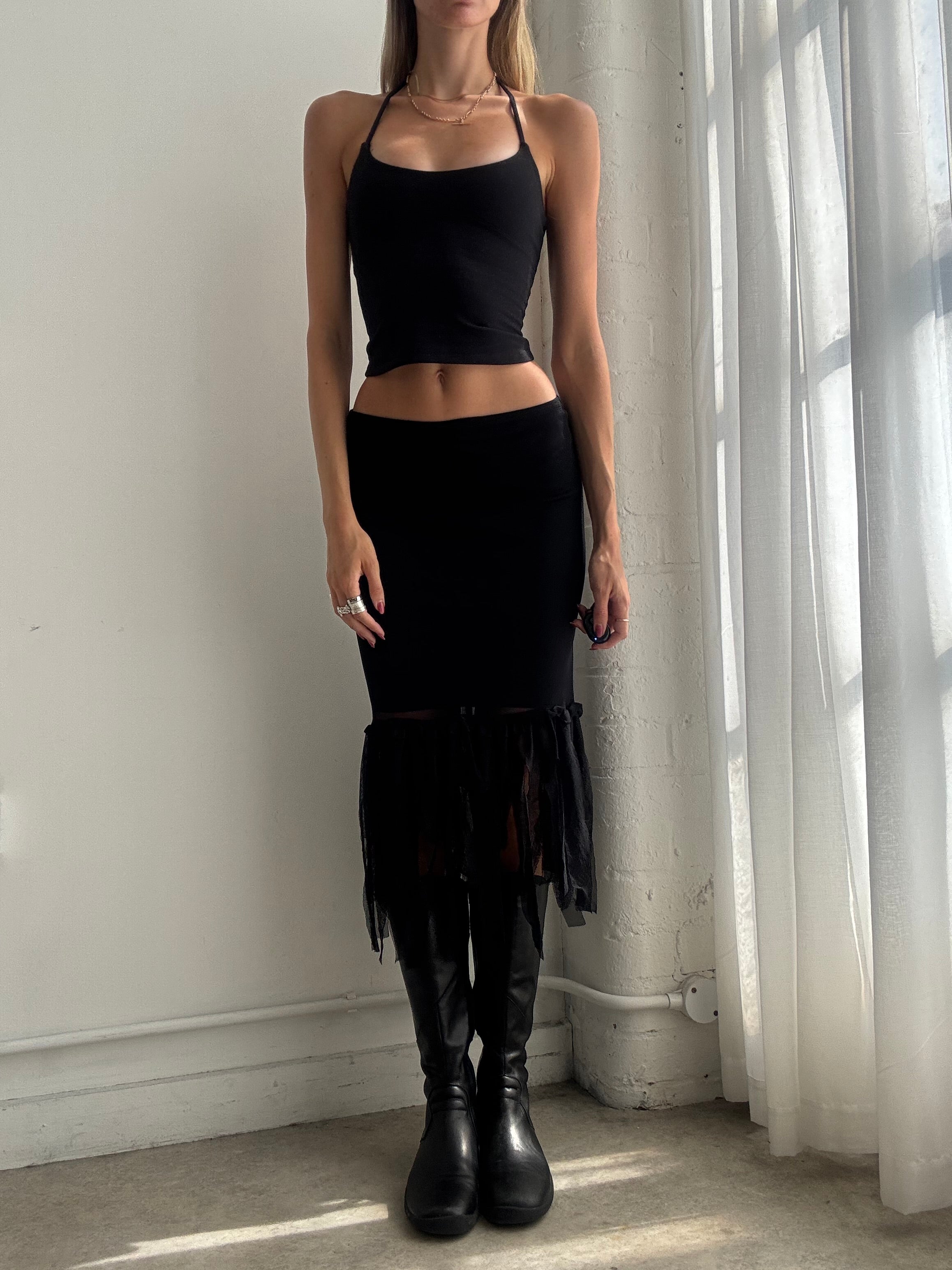 Vintage 90s Black Asymmetric Mesh Midi Skirt - Size XS/S