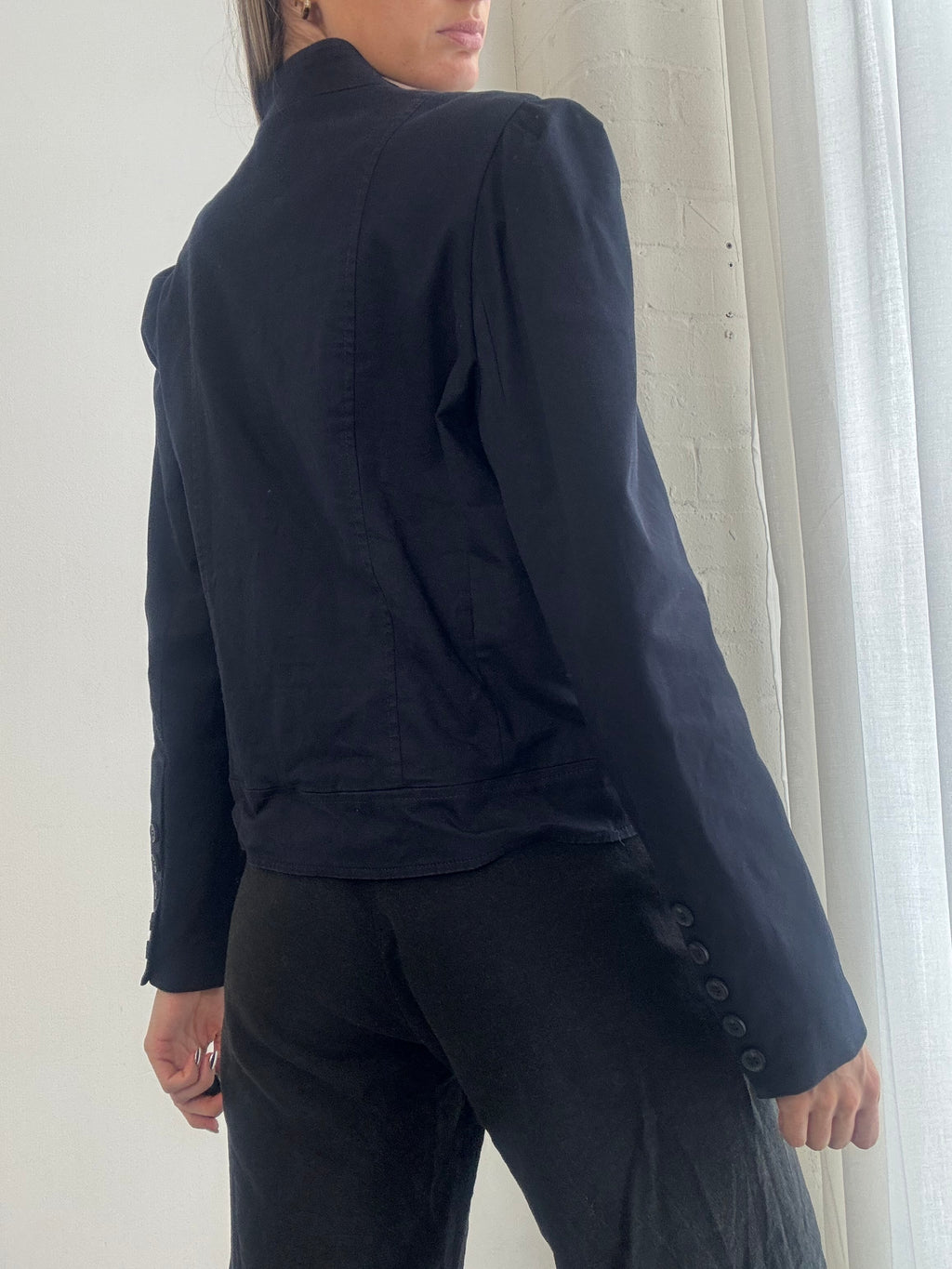 Vintage Y2K Military Style Asymmetric Fitted Jacket – Navy Structured Button-Up Blazer - Size L