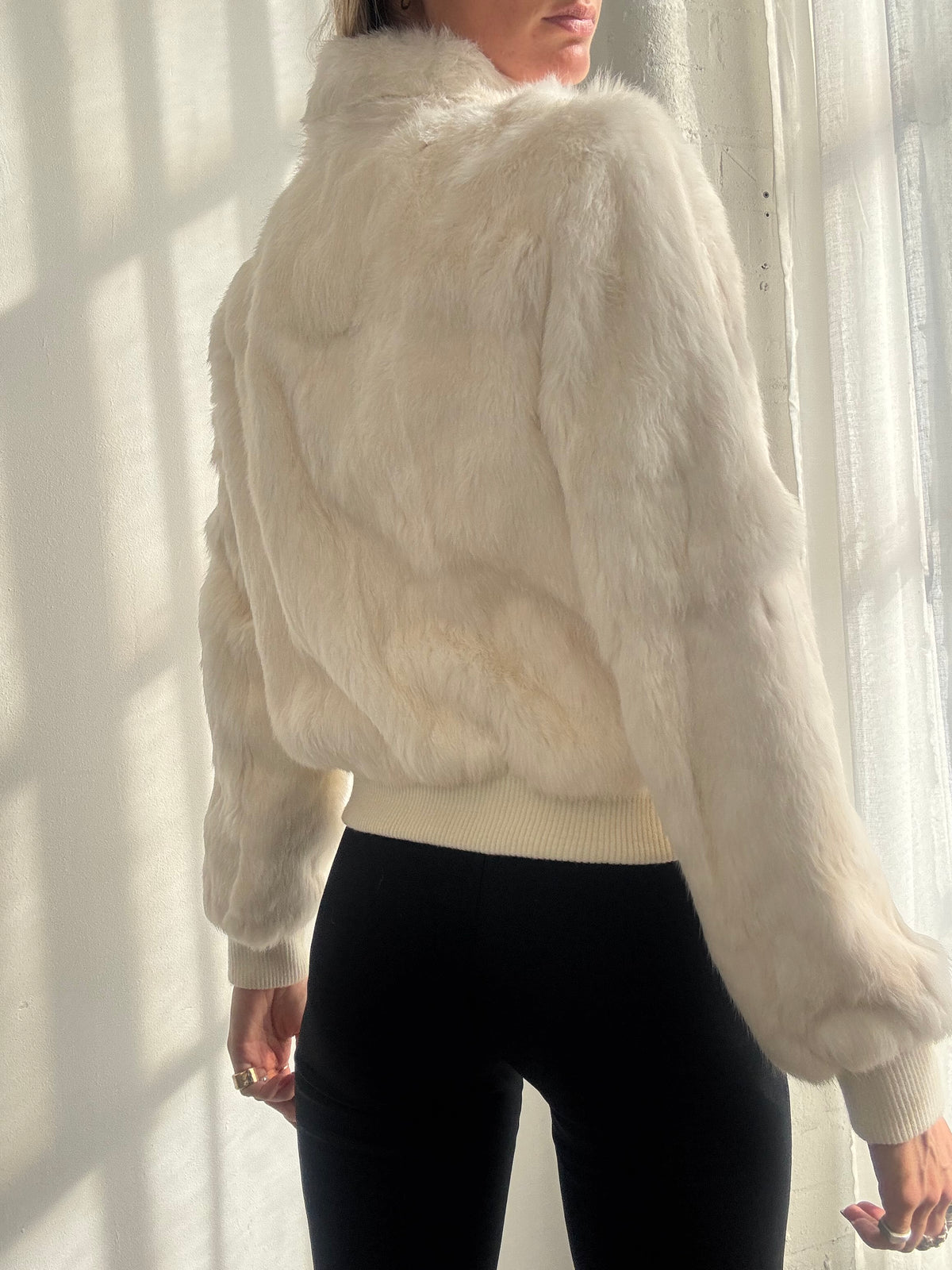 Vintage Y2K Cream Rabbit Fur Zip Up Bomber Jacket - Size S/M