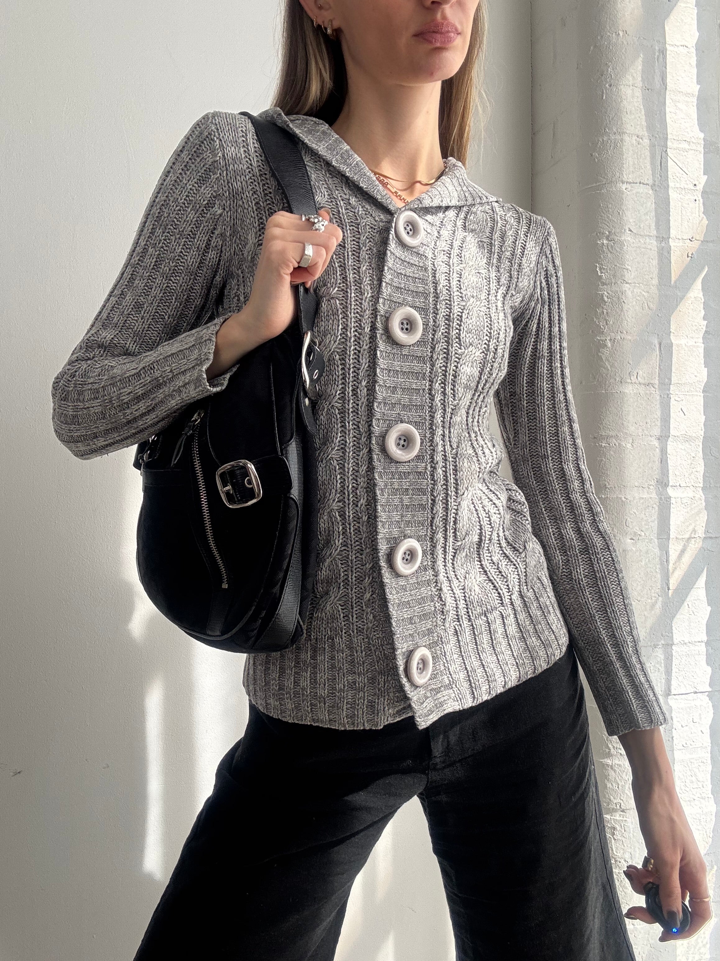 Vintage Y2K grey cable knit hooded cardigan - Size S