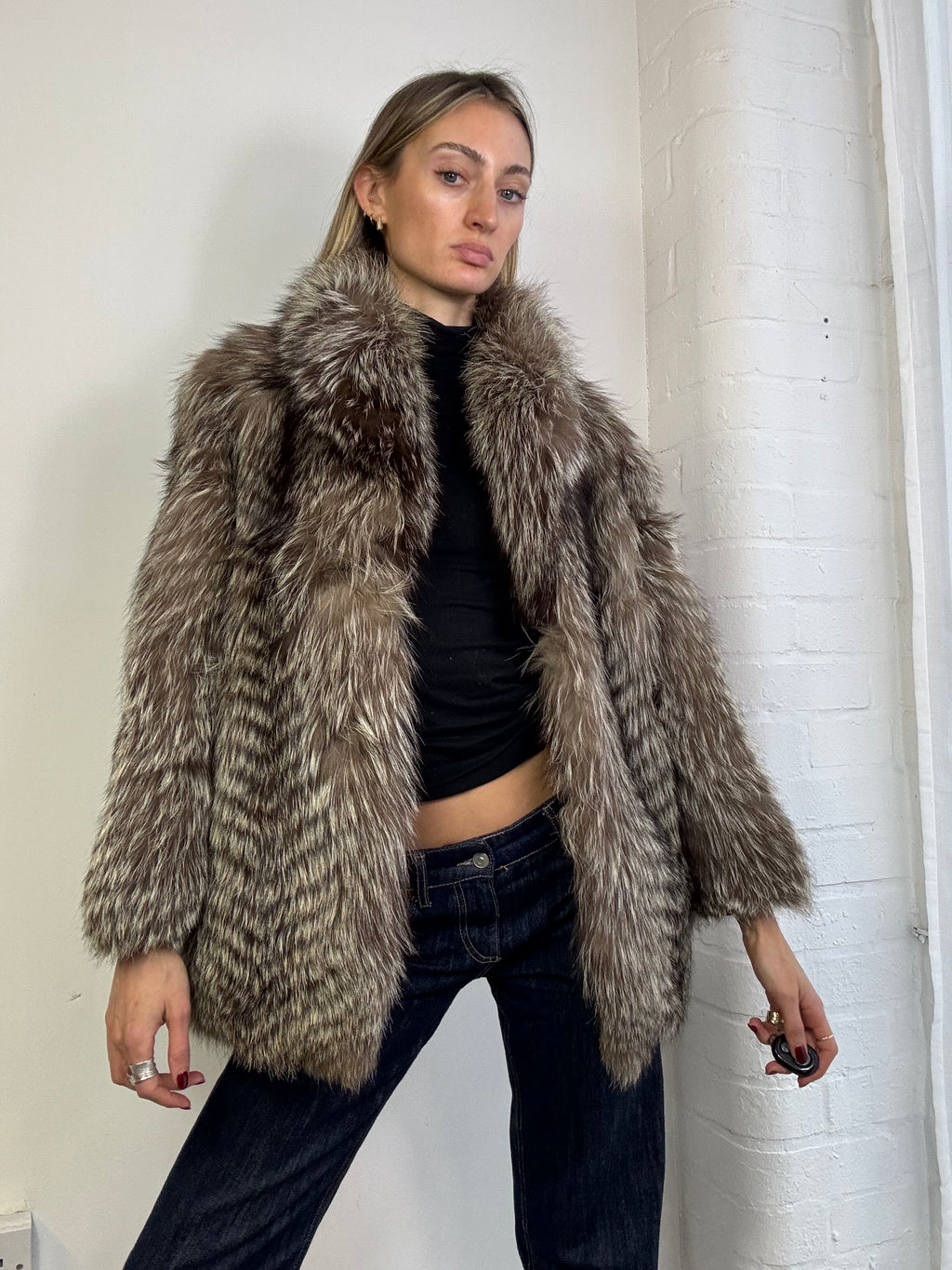 Vintage 90s fox fur coat brown