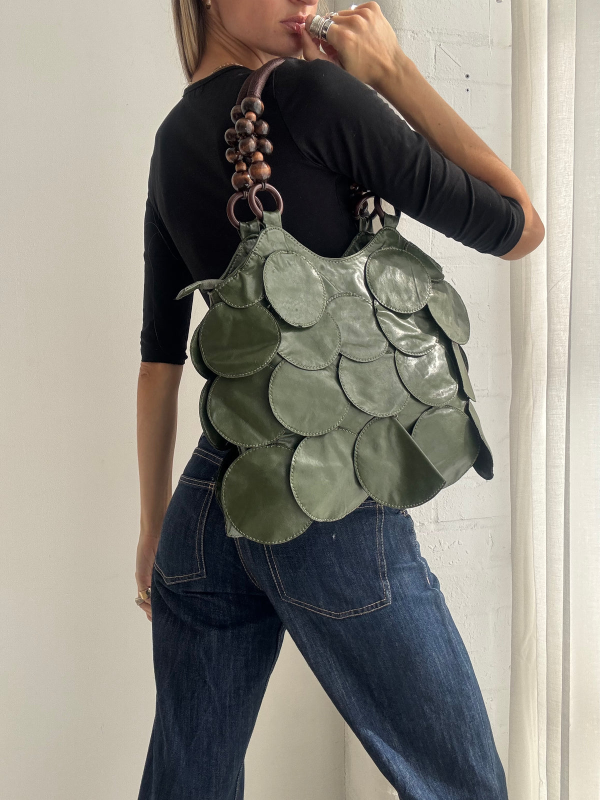 Vintage Y2K Olive Green Disc Detail Shoulder Bag