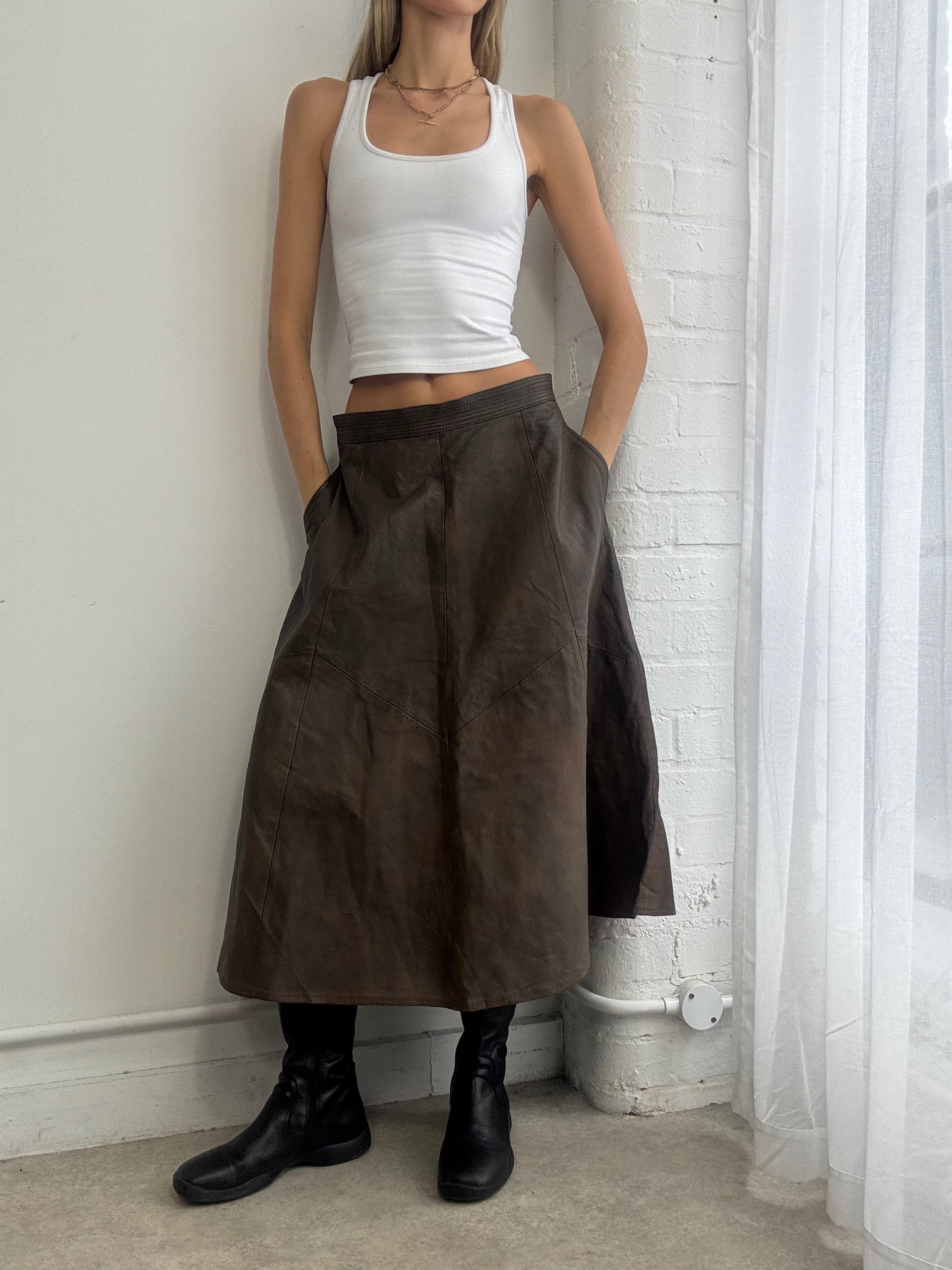 Vintage 90s distressed brown leather maxi skirt