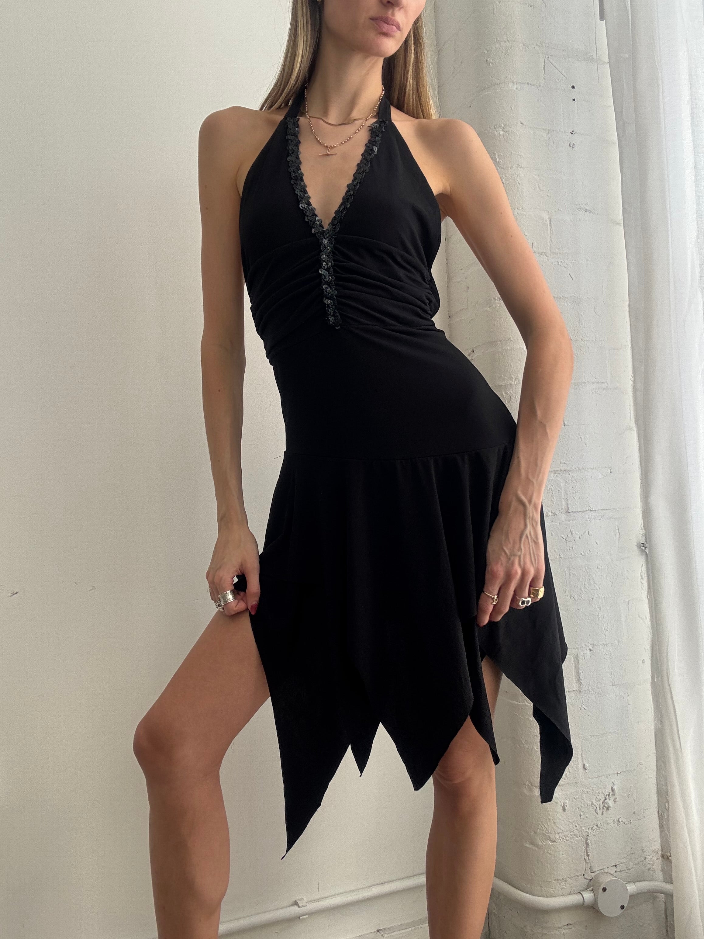 Vintage Y2K black halter asymmetric midi dress