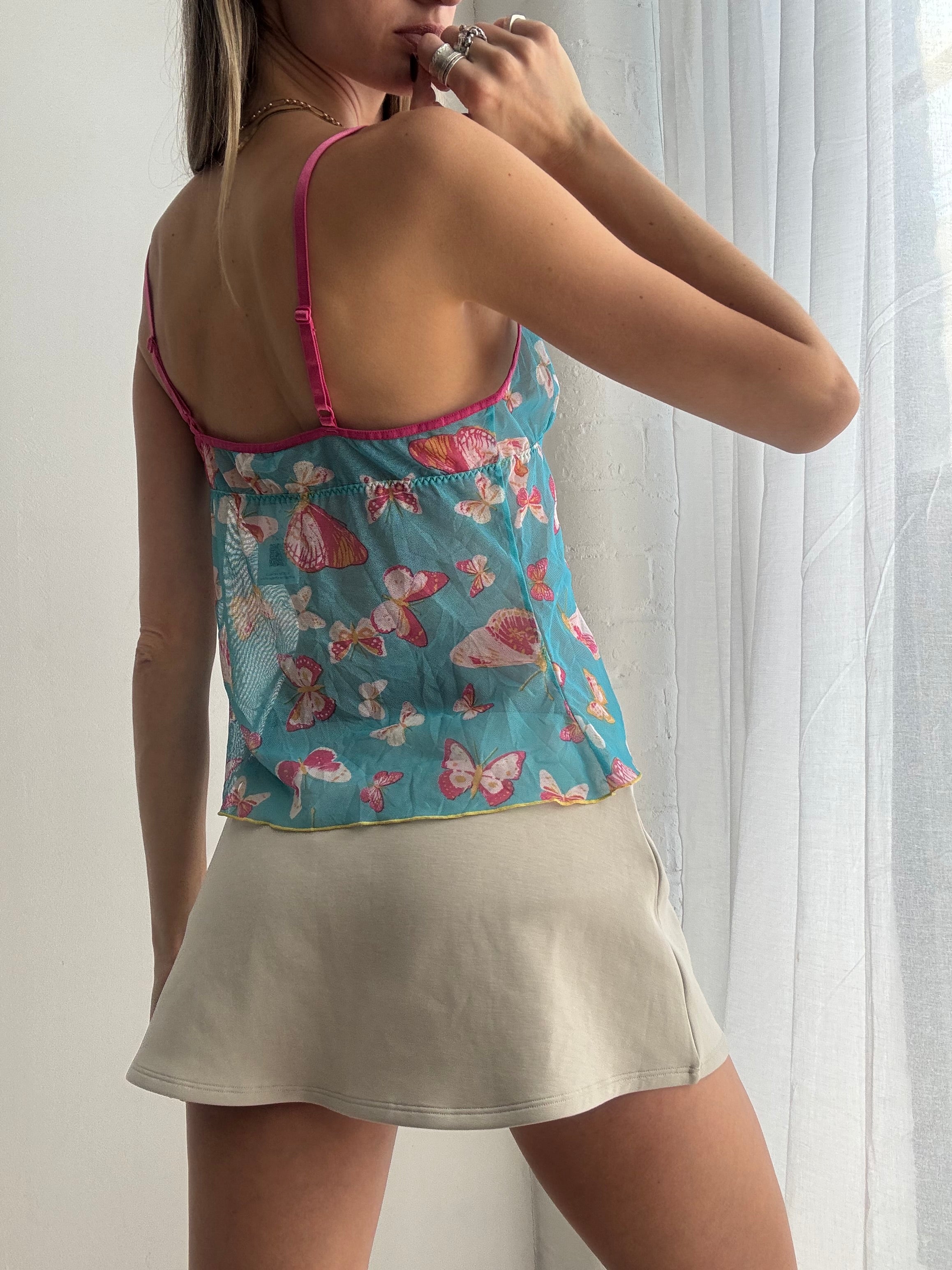 Vintage Y2K butterfly mesh tie front cami top - Size M